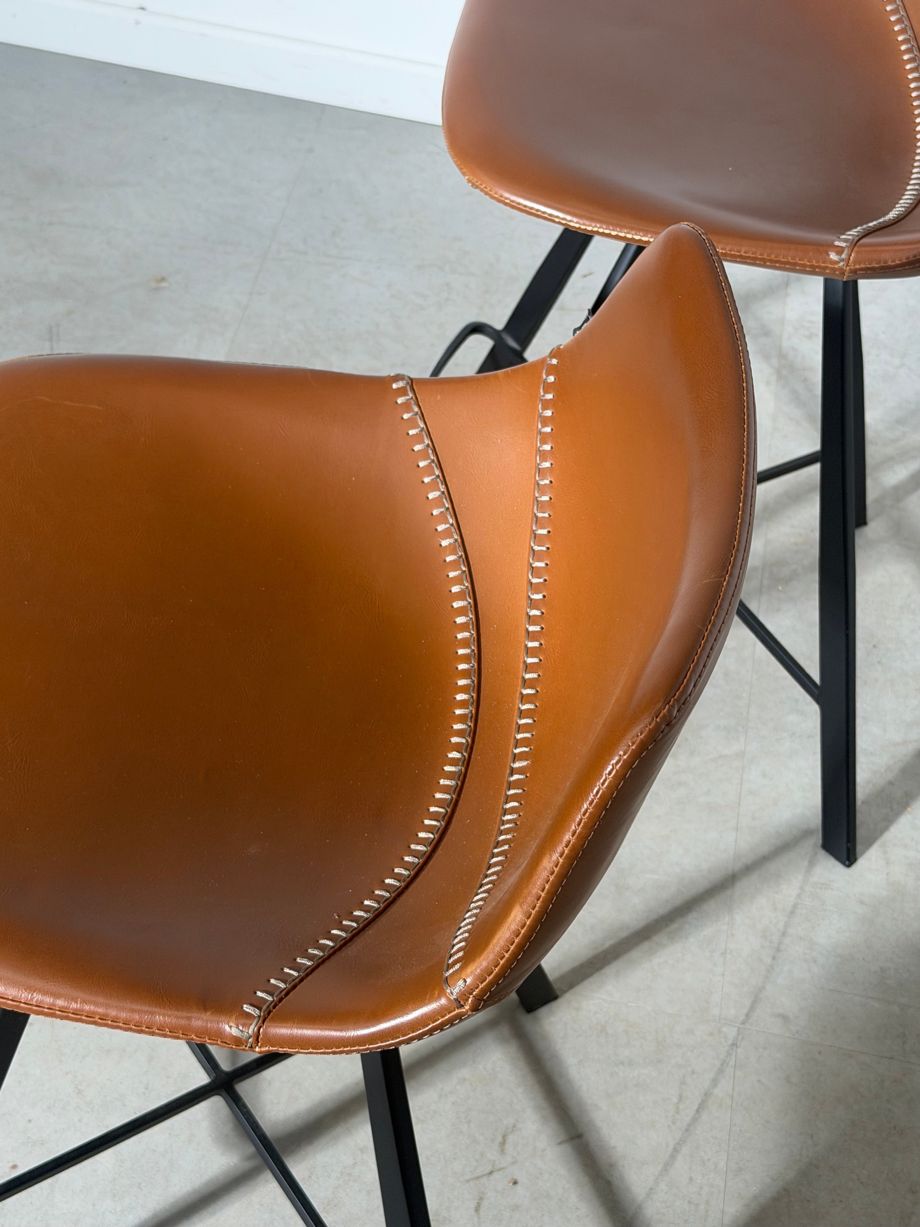 Set of 3 Goossens Wonen & Slapen Cognac Leather Bar Chairs