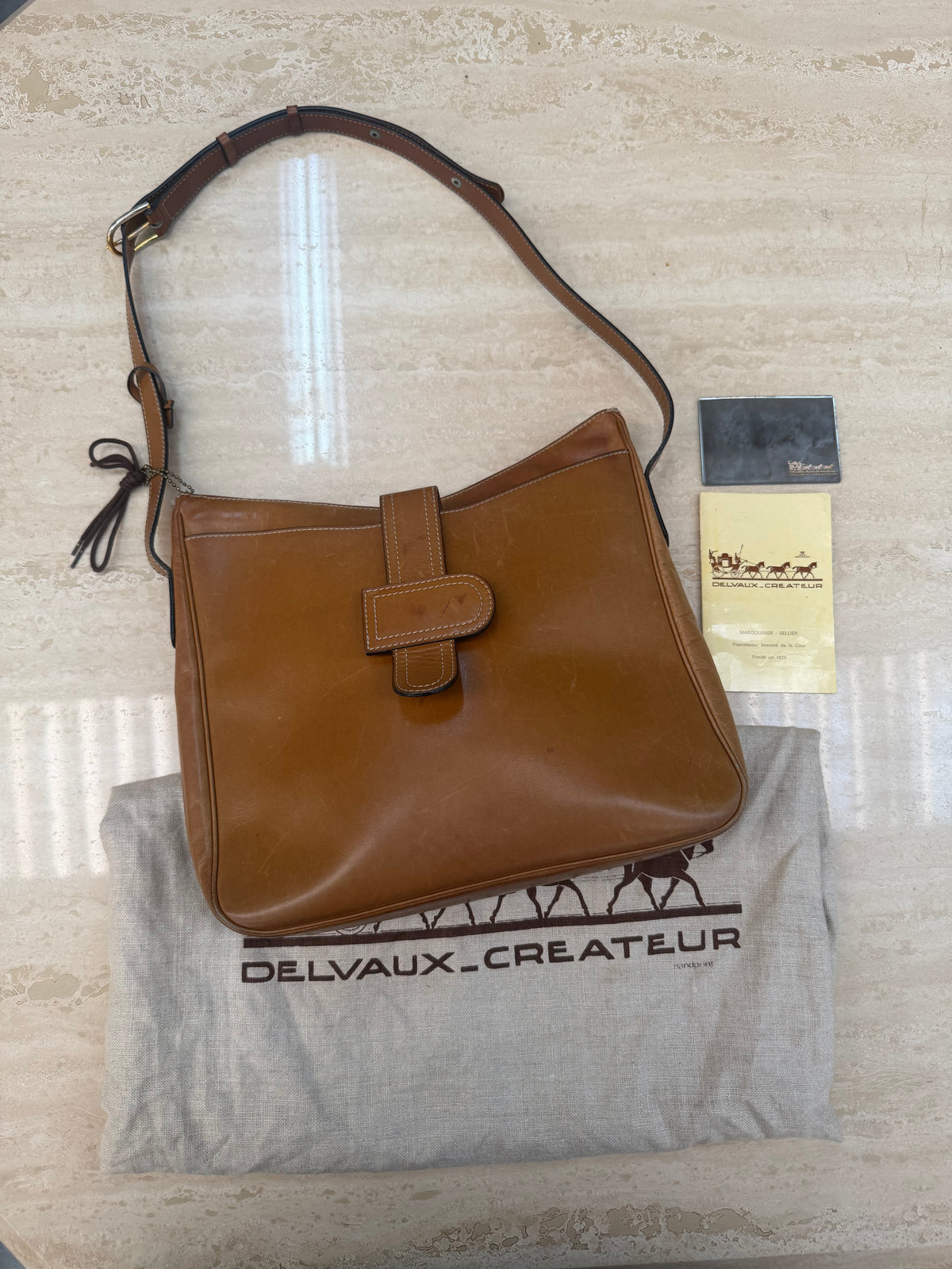 Vintage Delvaux Cognac Leather Shoulder Bag – With Dust Bag, Mirror & Certificate