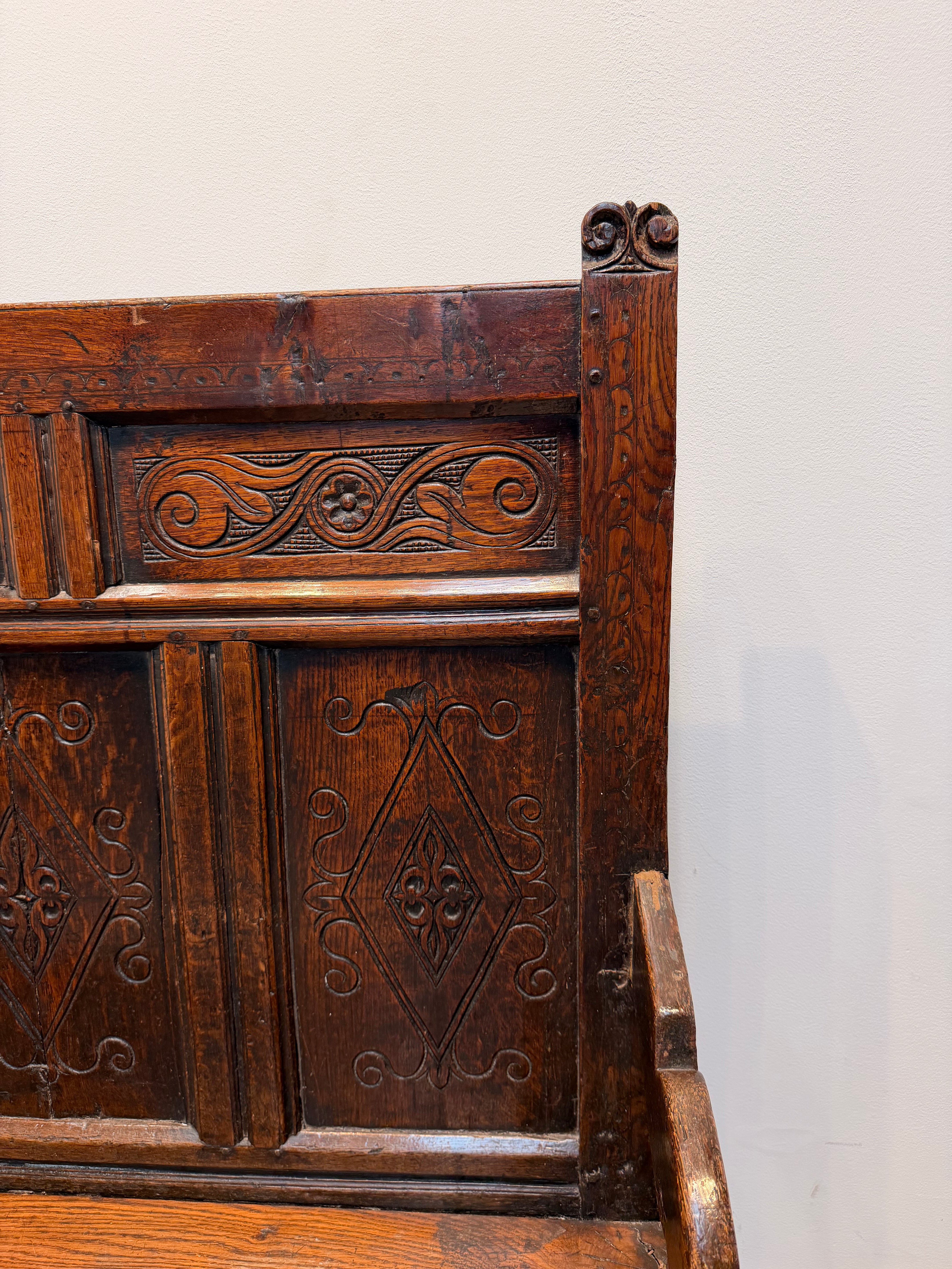 Antique Carved Oak Monks Bench with Storage Chest
