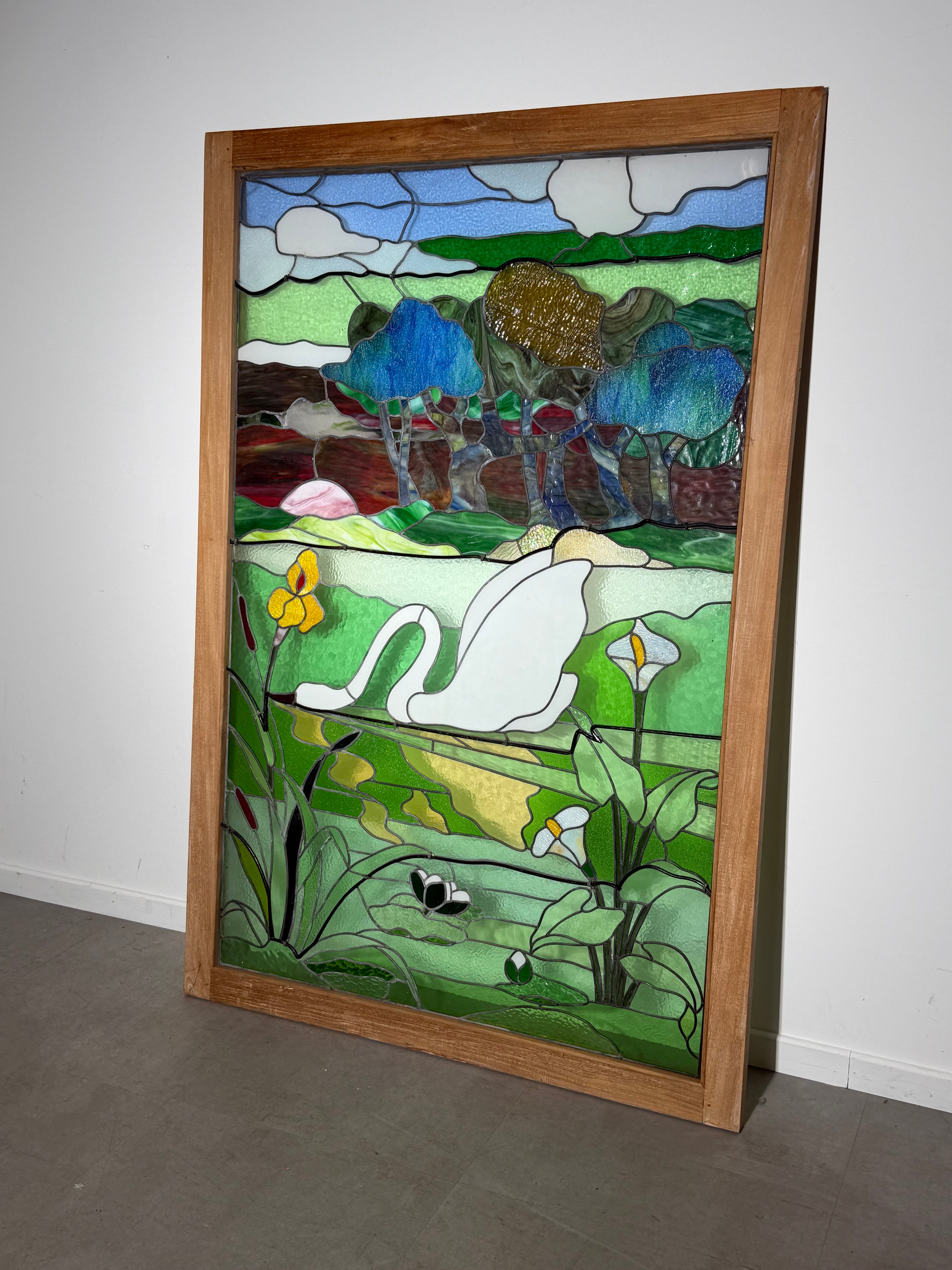 Large Stained Glass Panel with Swan Landscape