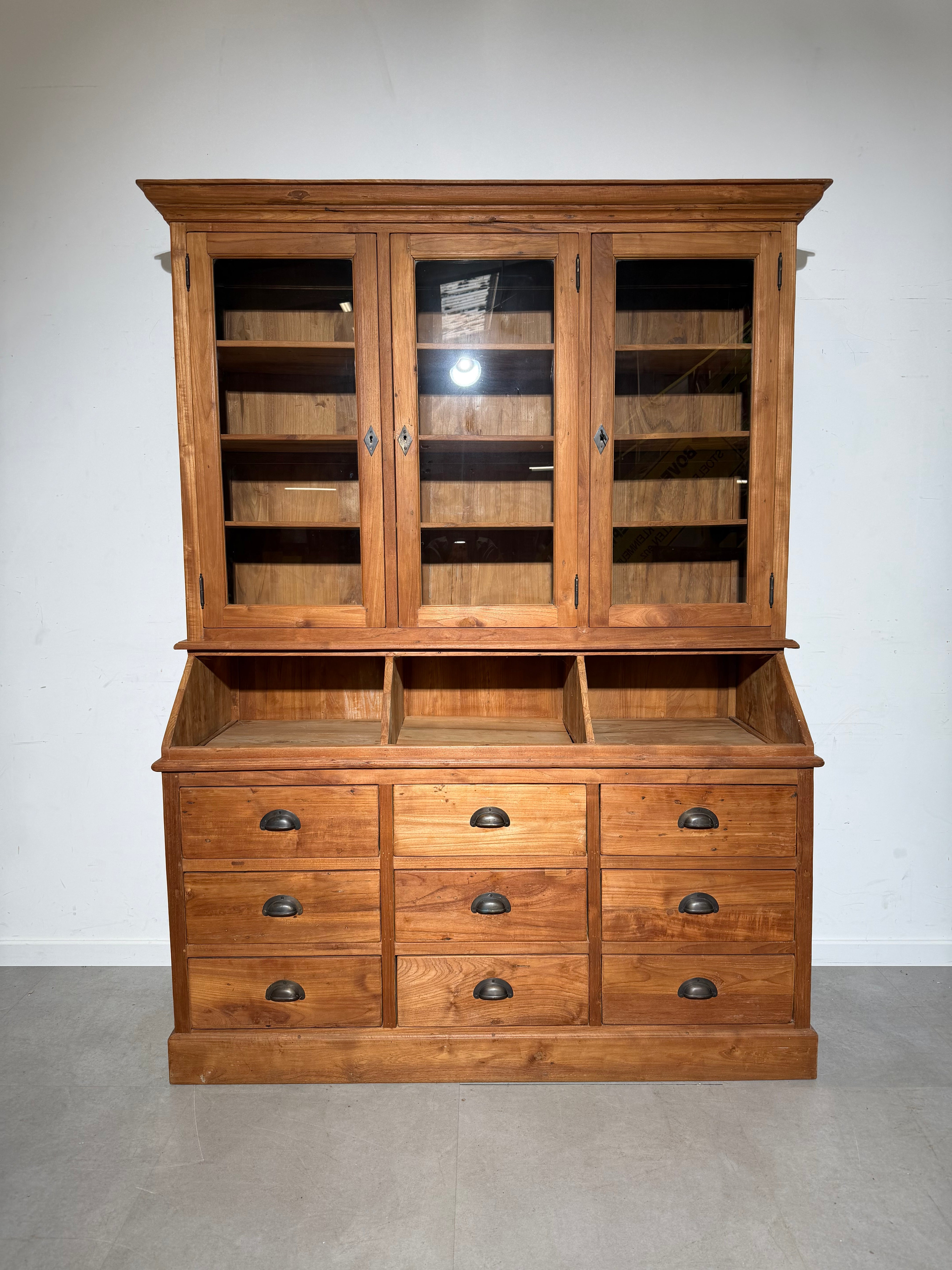 Teak Display Cabinet with Drawers and Glass Doors