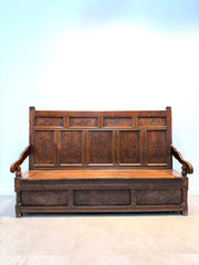 Antique Carved Oak Monks Bench with Storage Chest