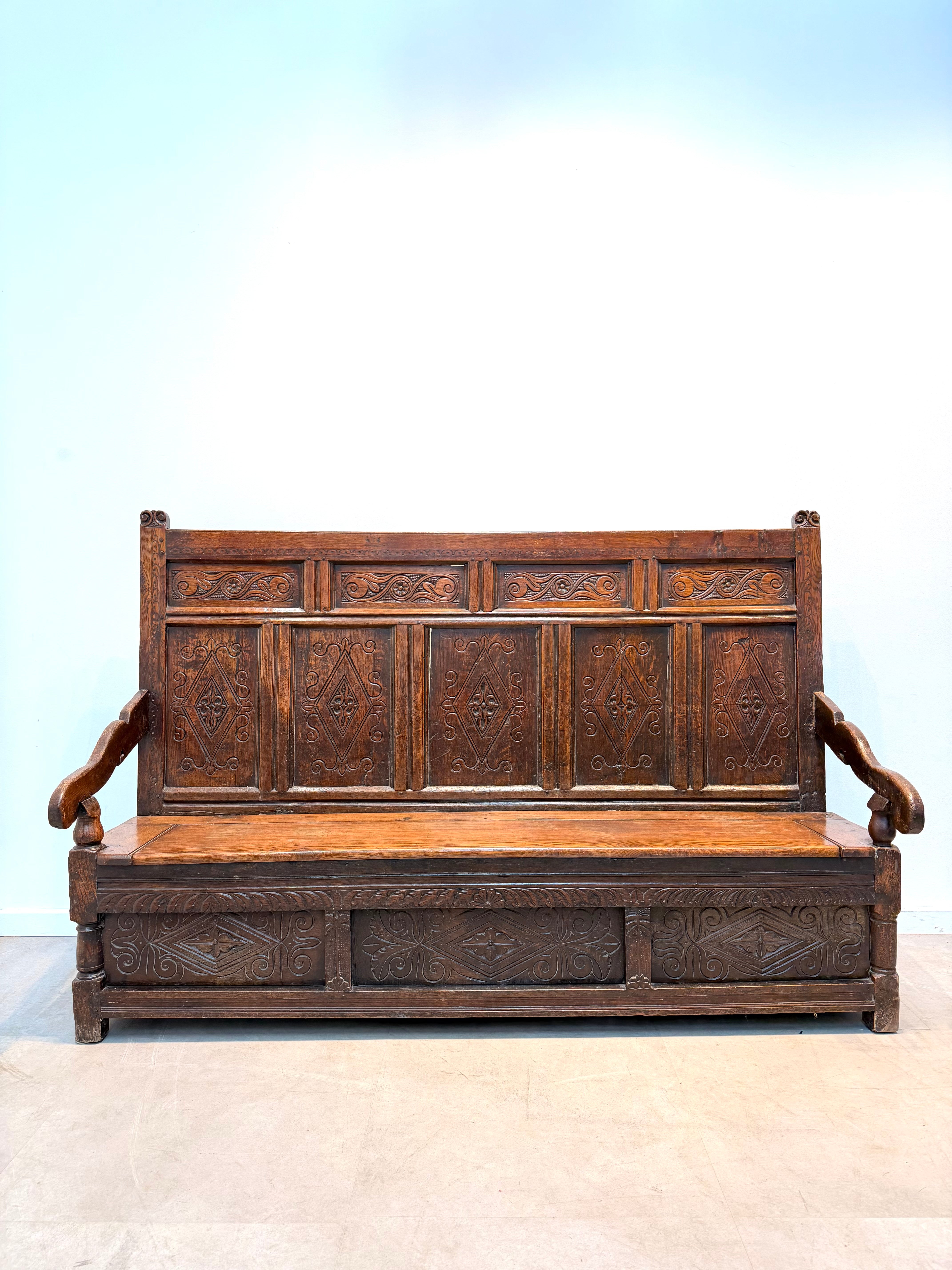 Antique Carved Oak Monks Bench with Storage Chest