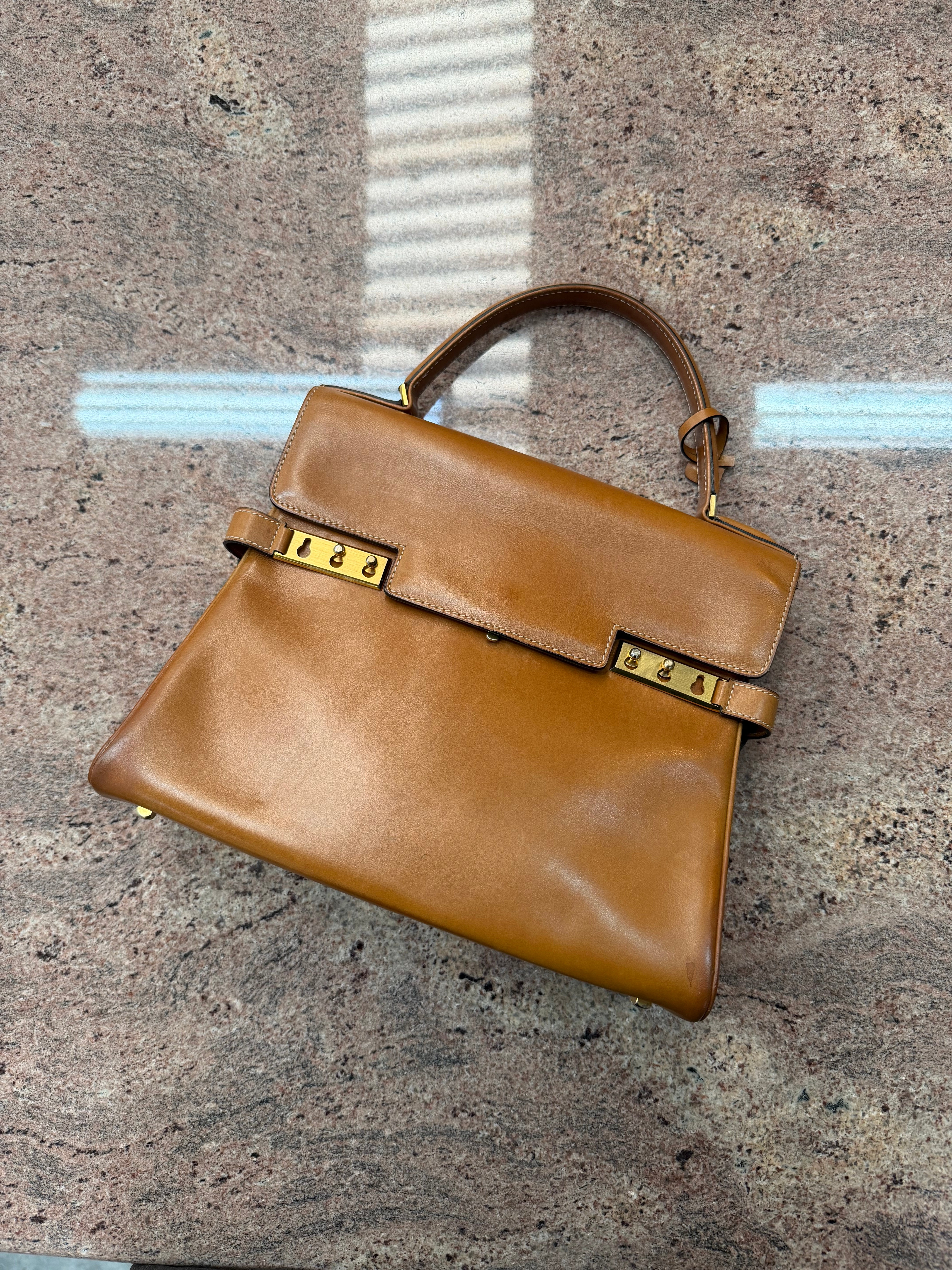 Vintage Delvaux Tempete MM Handbag – Cognac Leather – With Mirror & Original Dustbag