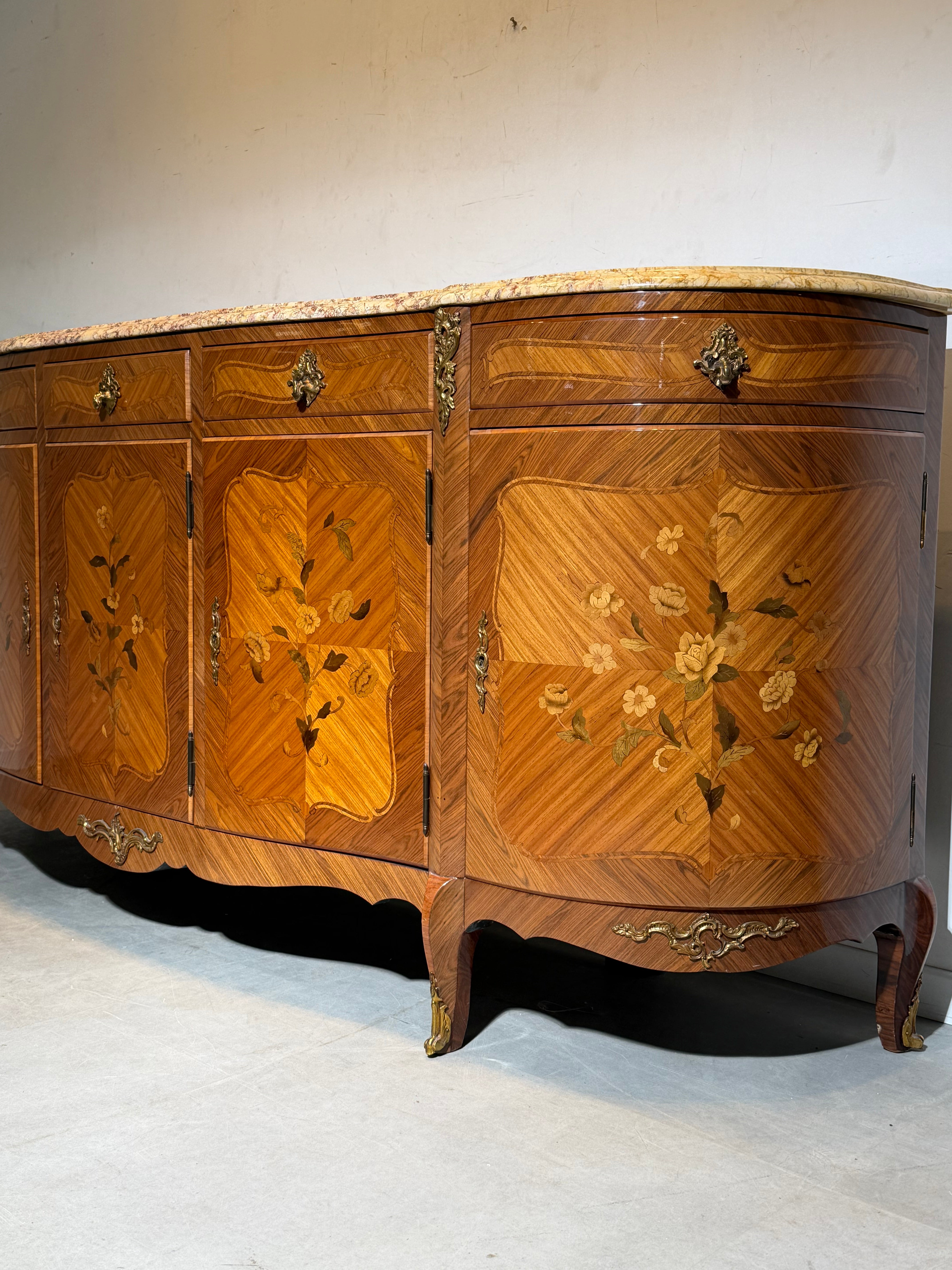 Large Louis XV Marquetry Sideboard with Marble Top – 245 cm