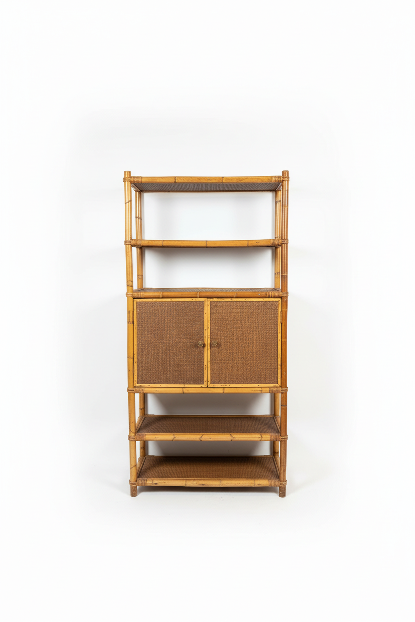 Vintage bamboo & rattan shelving cabinet
