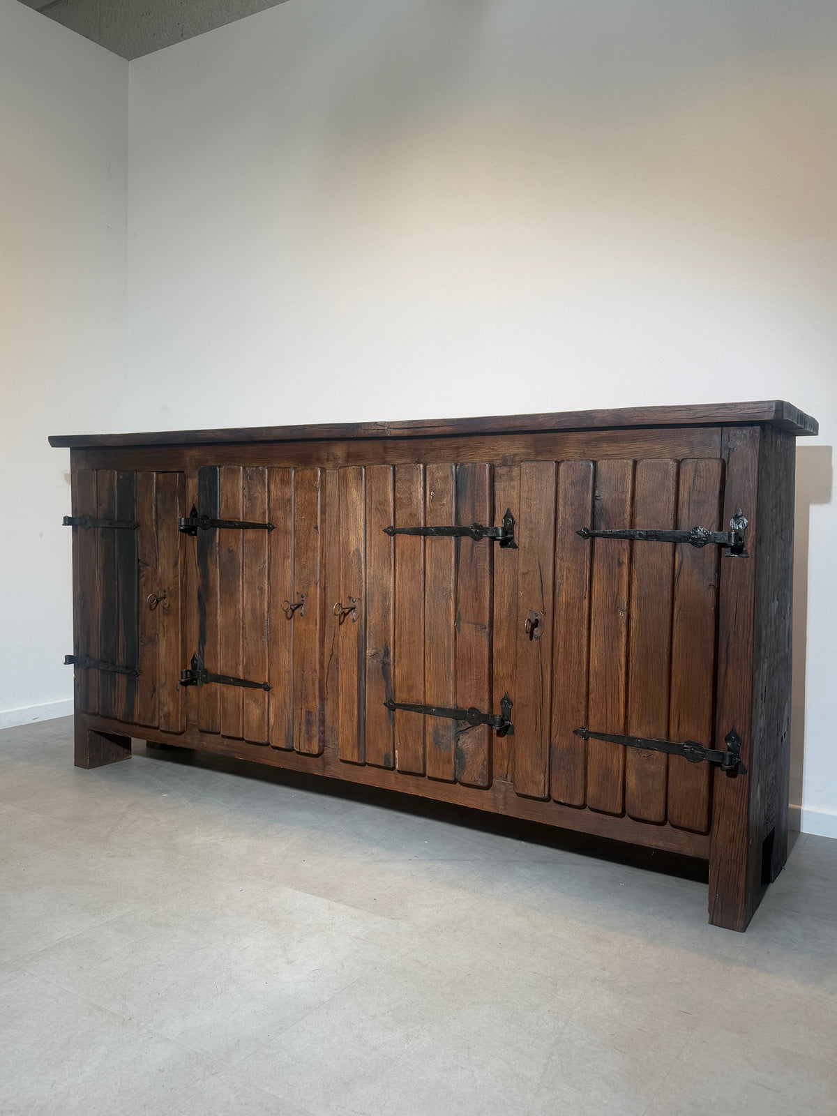 Large Brutalist Solid Wood Sideboard with Hand-Forged Iron Hardware