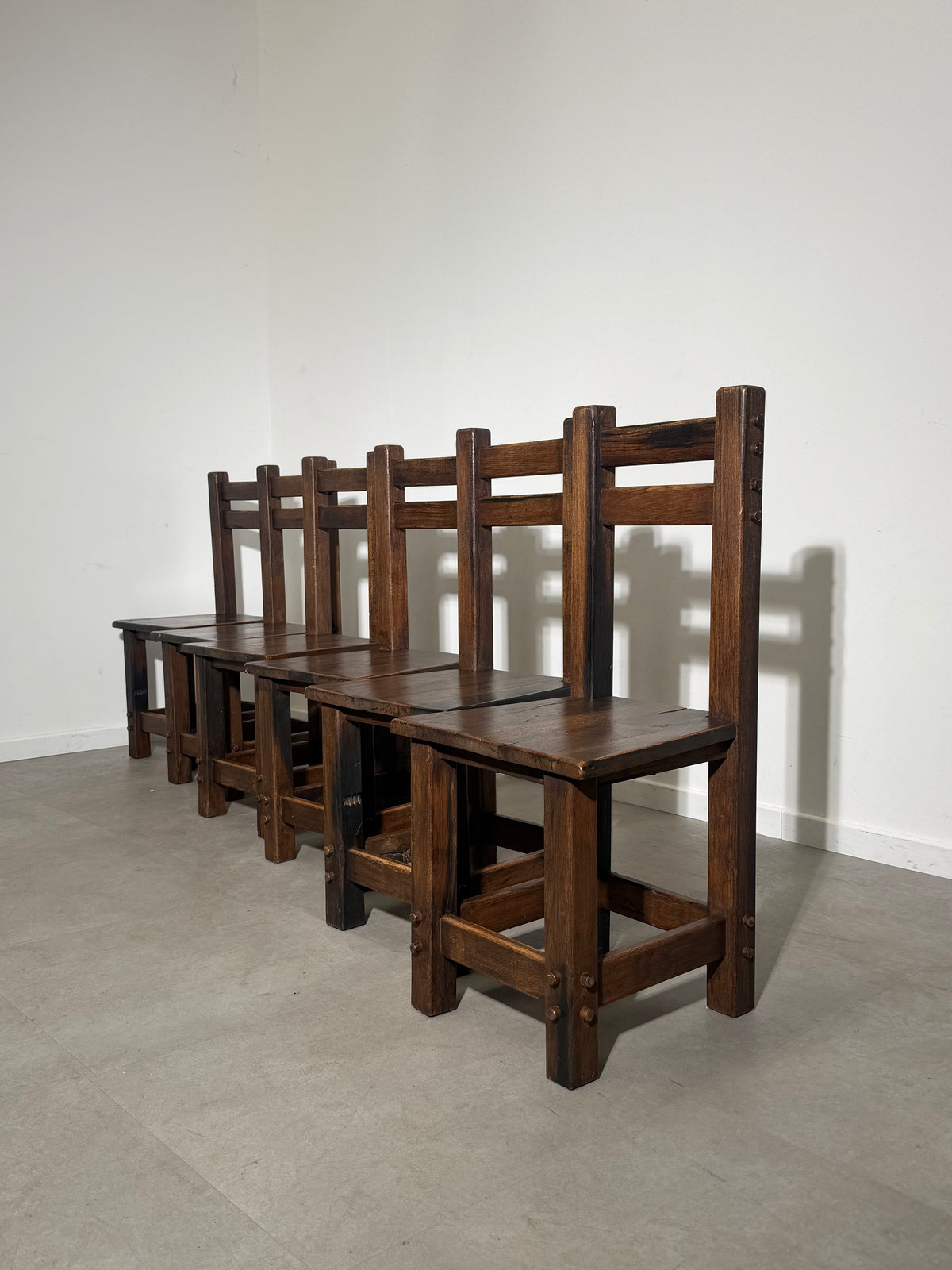 Set of Six Brutalist Solid Wood Dining Chairs
