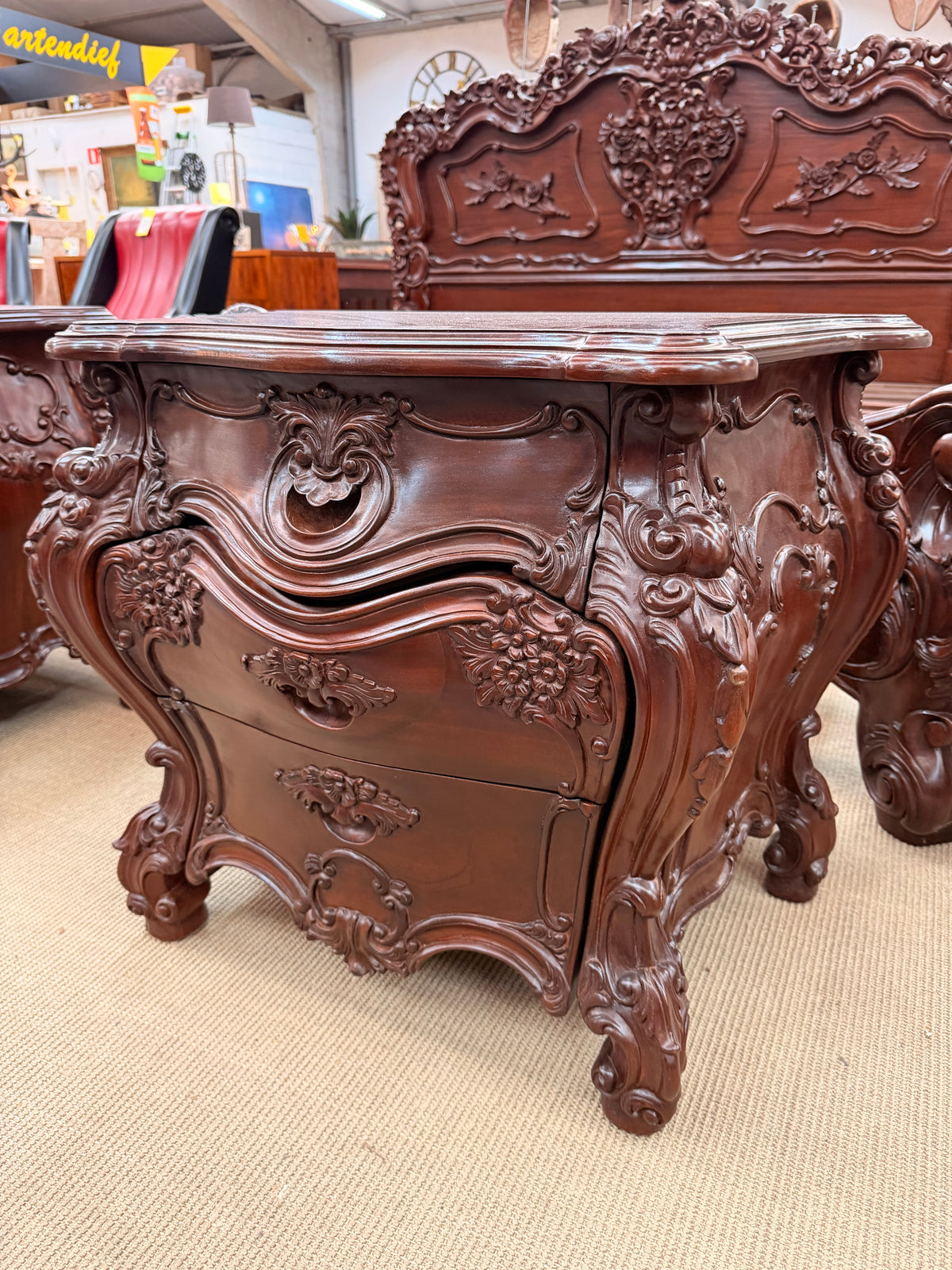 Ornately Carved Baroque Revival King Size Bed with Matching Nightstands