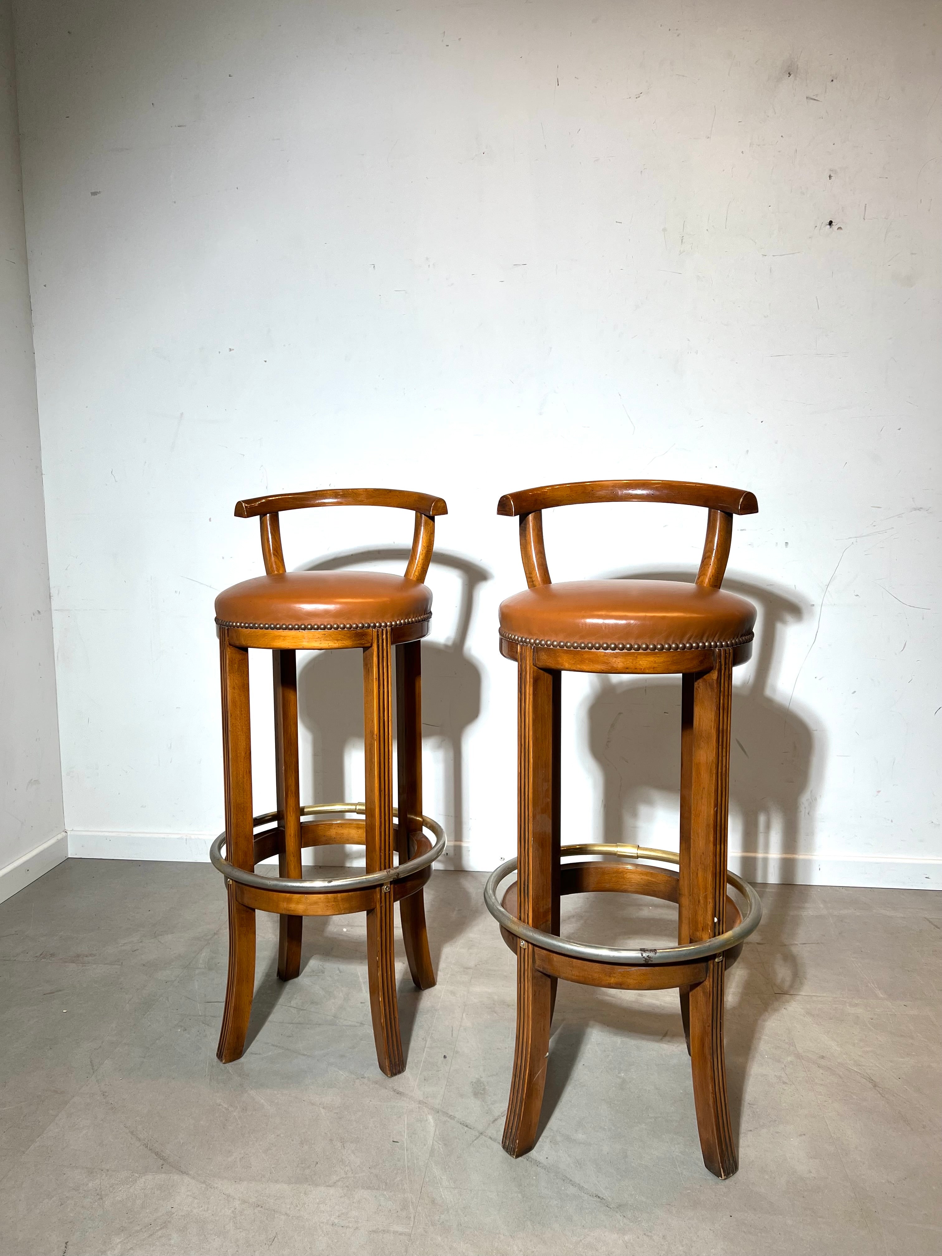 Vintage Wooden Bar Stool with Leather Seat & Brass Footrest