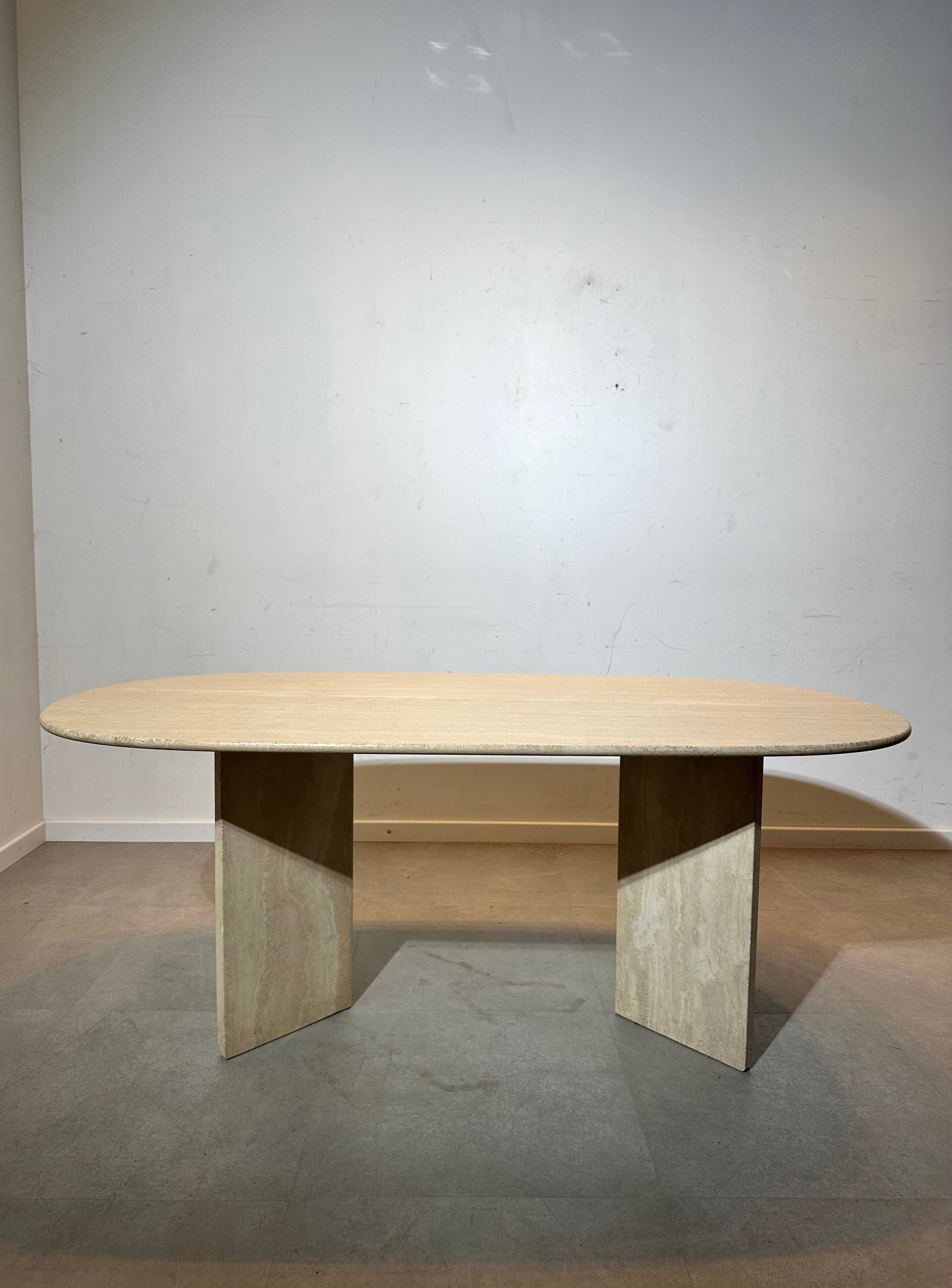 Travertine Oval Dining Table – Minimalist Sculptural Base