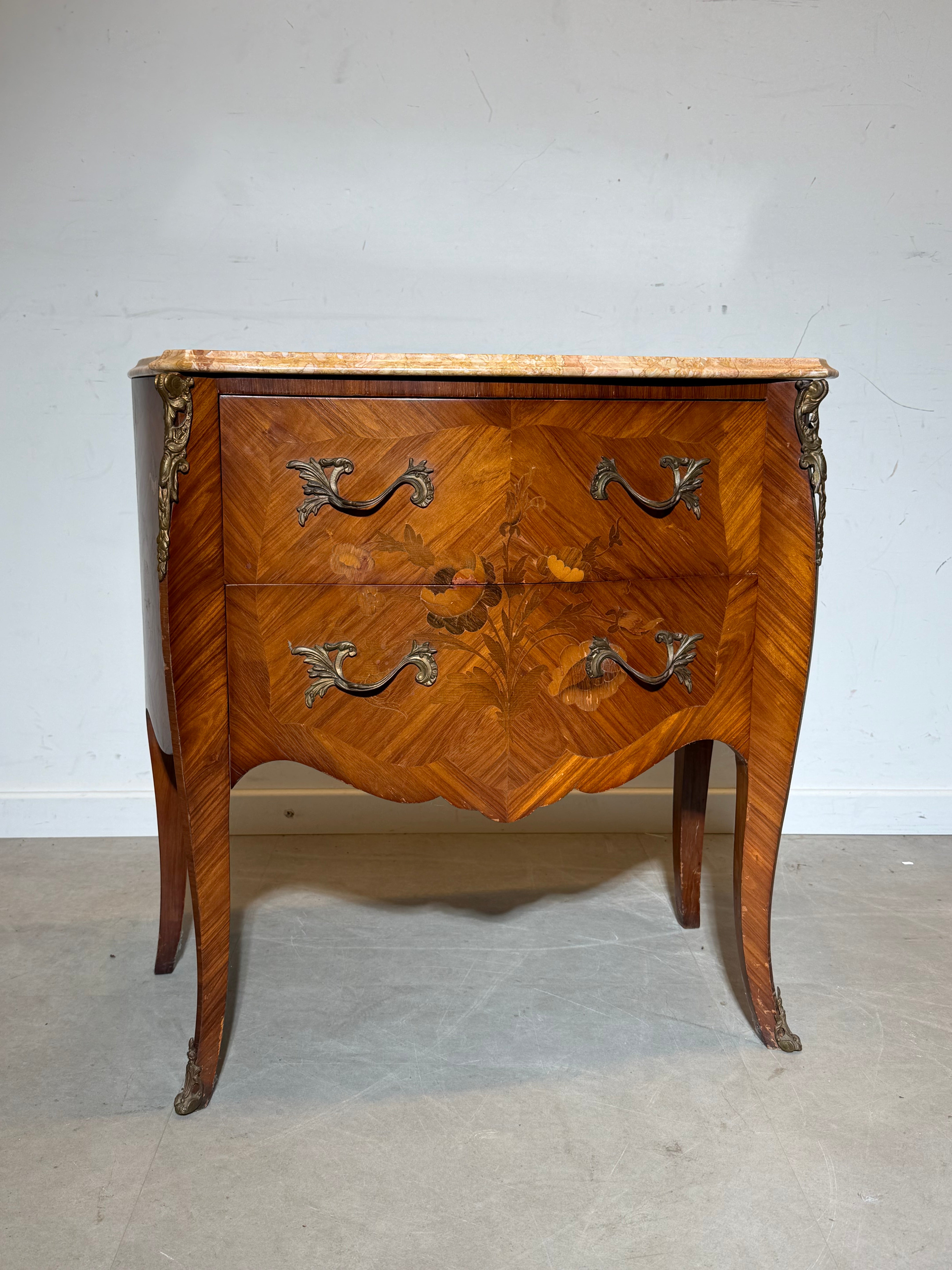 Antique French Marble Top Chest of Drawers – Floral Marquetry
