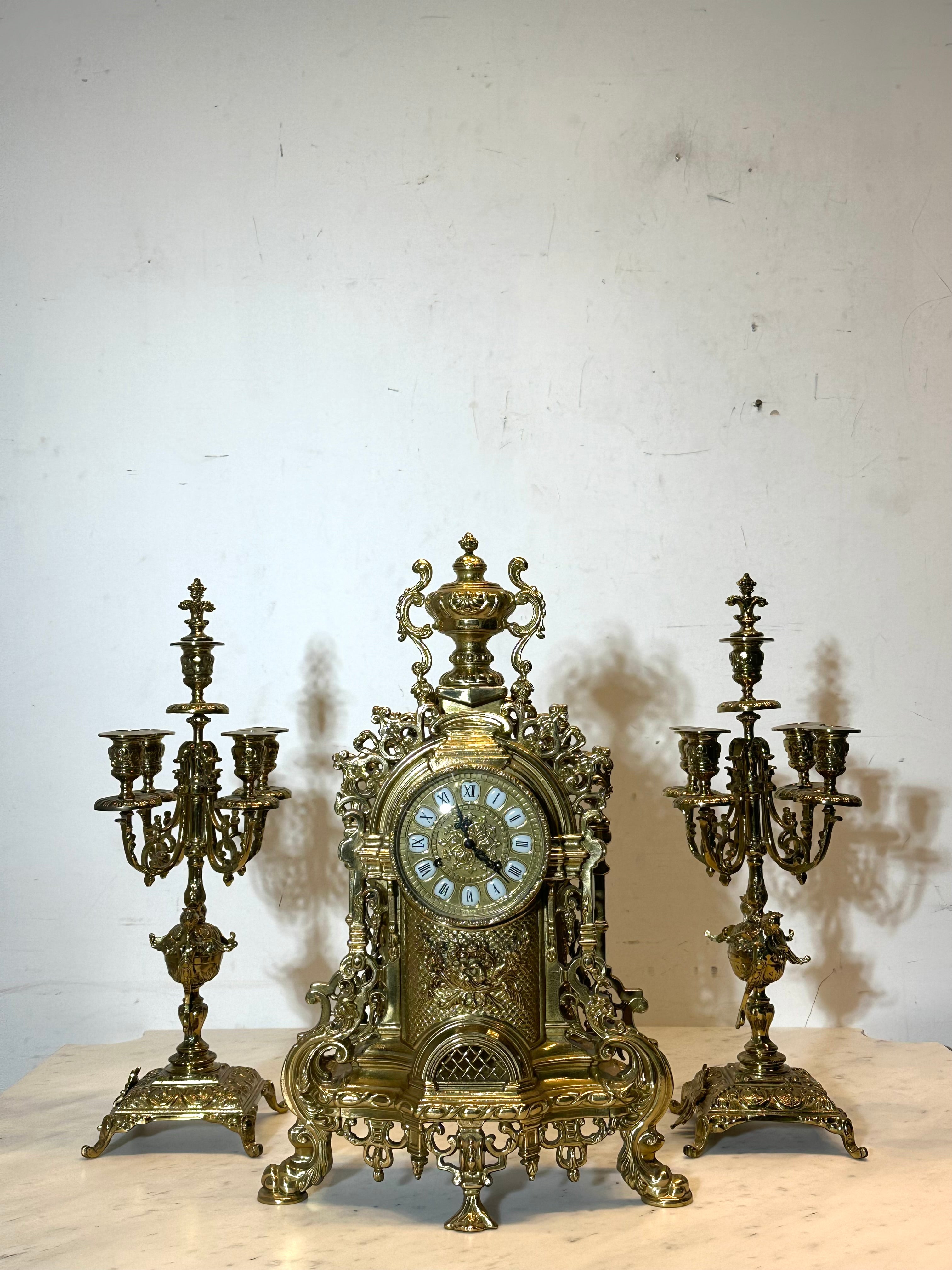 Antique Style Copper Mantel Clock Set with Two Candelabra