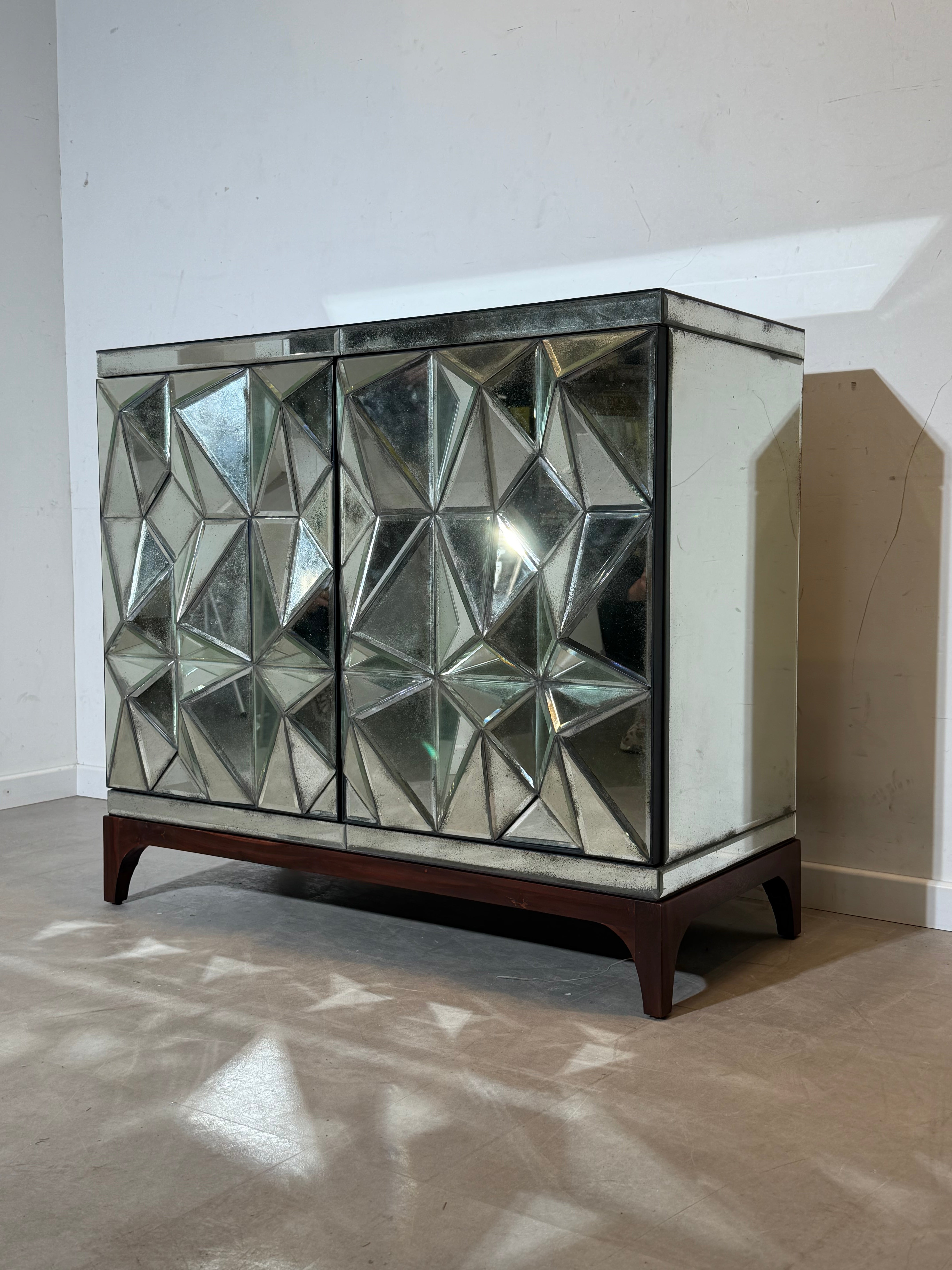 Vintage Faceted Mirrored Cabinet / Sideboard – Geometric Glass Doors – 105 cm