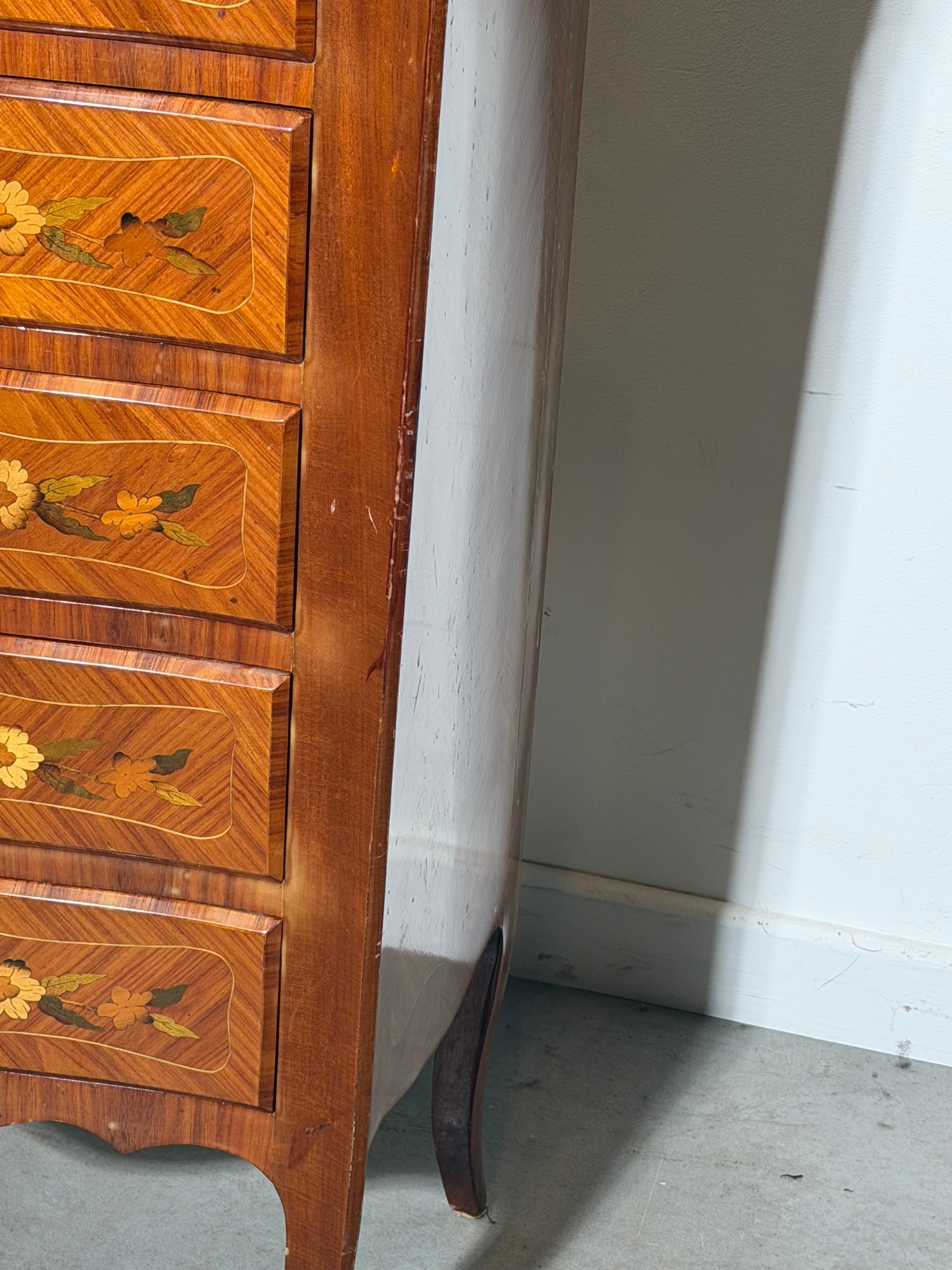French Louis XV Marquetry Tall Chest of Drawers with Marble Top