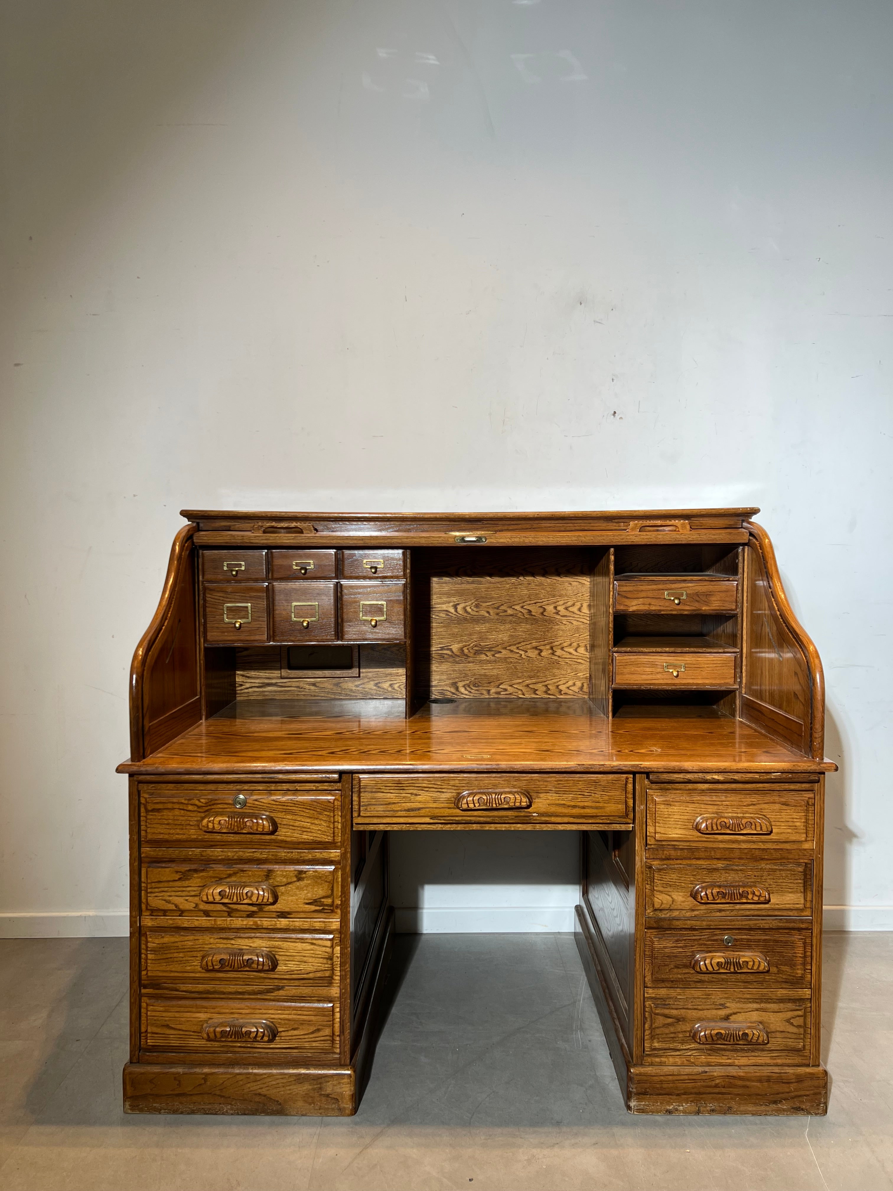 Antique Oak Roll Top Filing Desk with Tambour Shutter – 150 cm