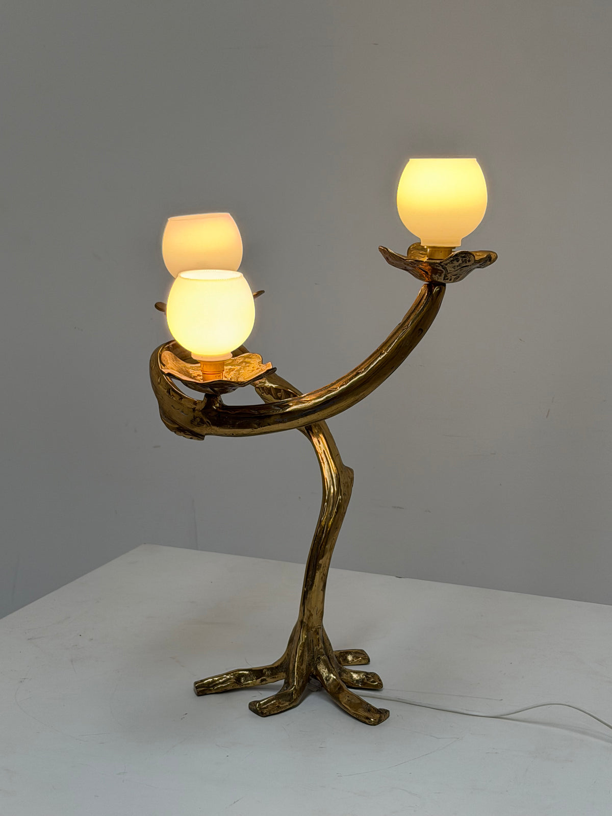 Sculptural Bronze Table Lamp with Three Opaline Glass Shades – 66 cm
