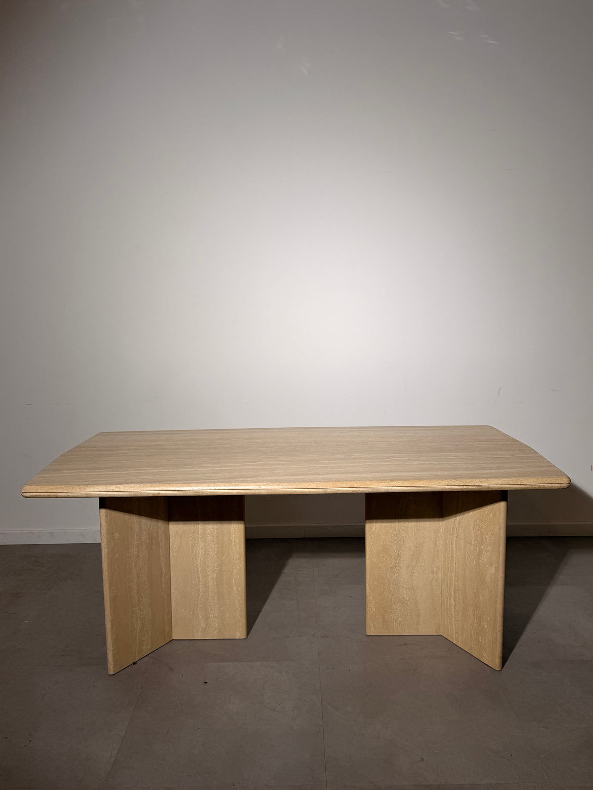 Vintage Travertine Dining Table – Sculptural Double Pedestal Base