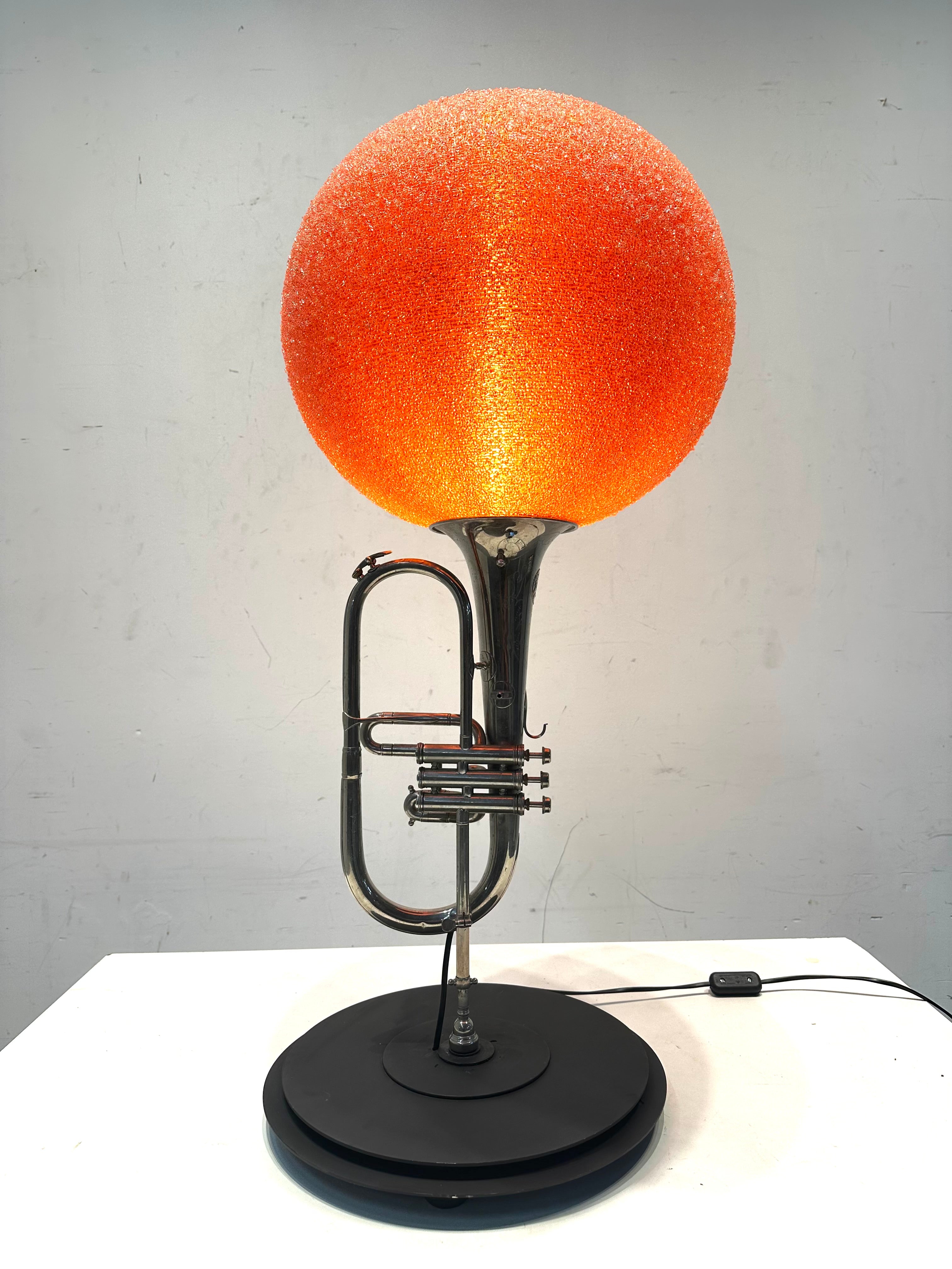 Vintage Trumpet Table Lamp with Orange Glass Globe