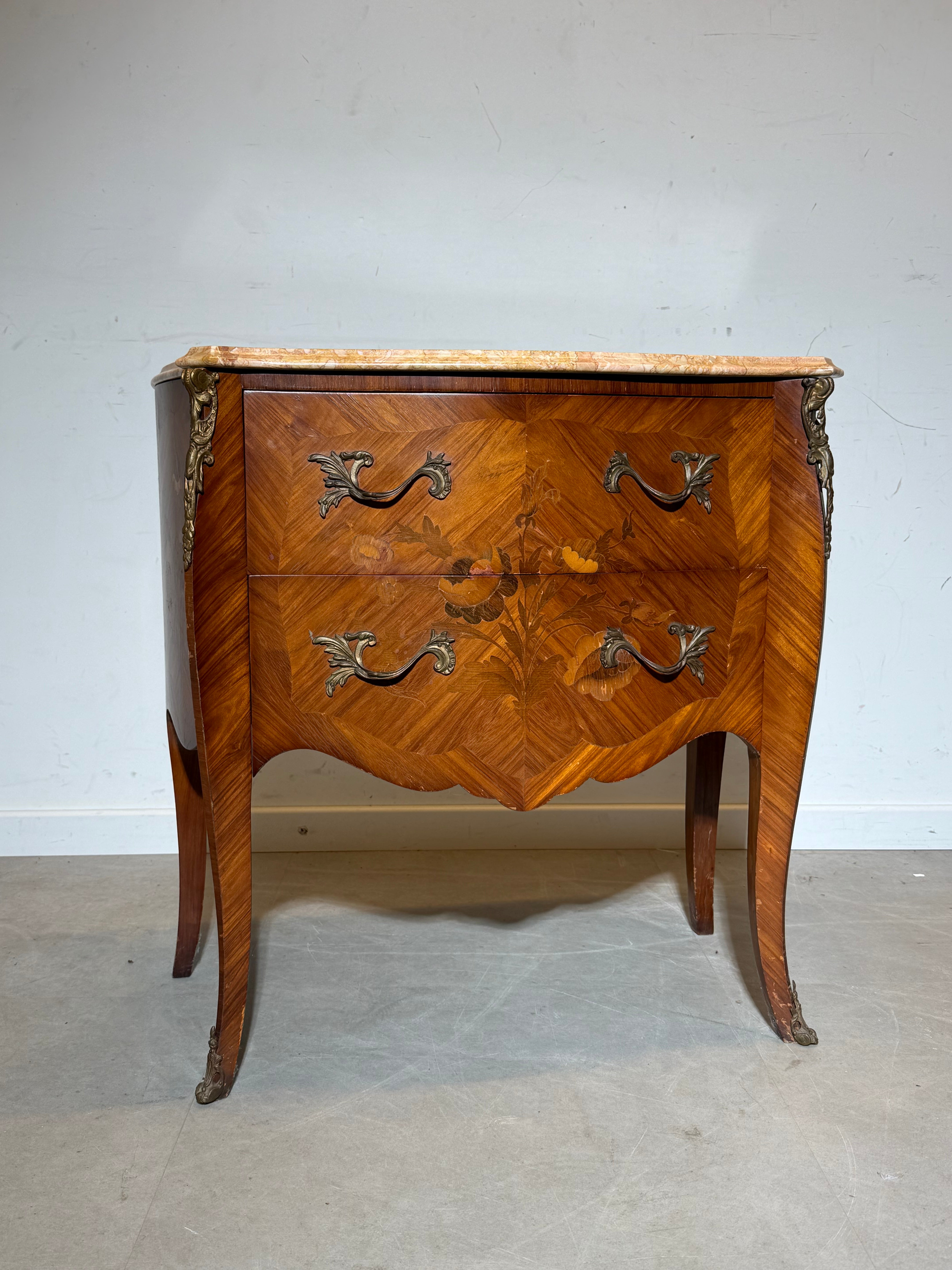 Antique French Marble Top Chest of Drawers – Floral Marquetry