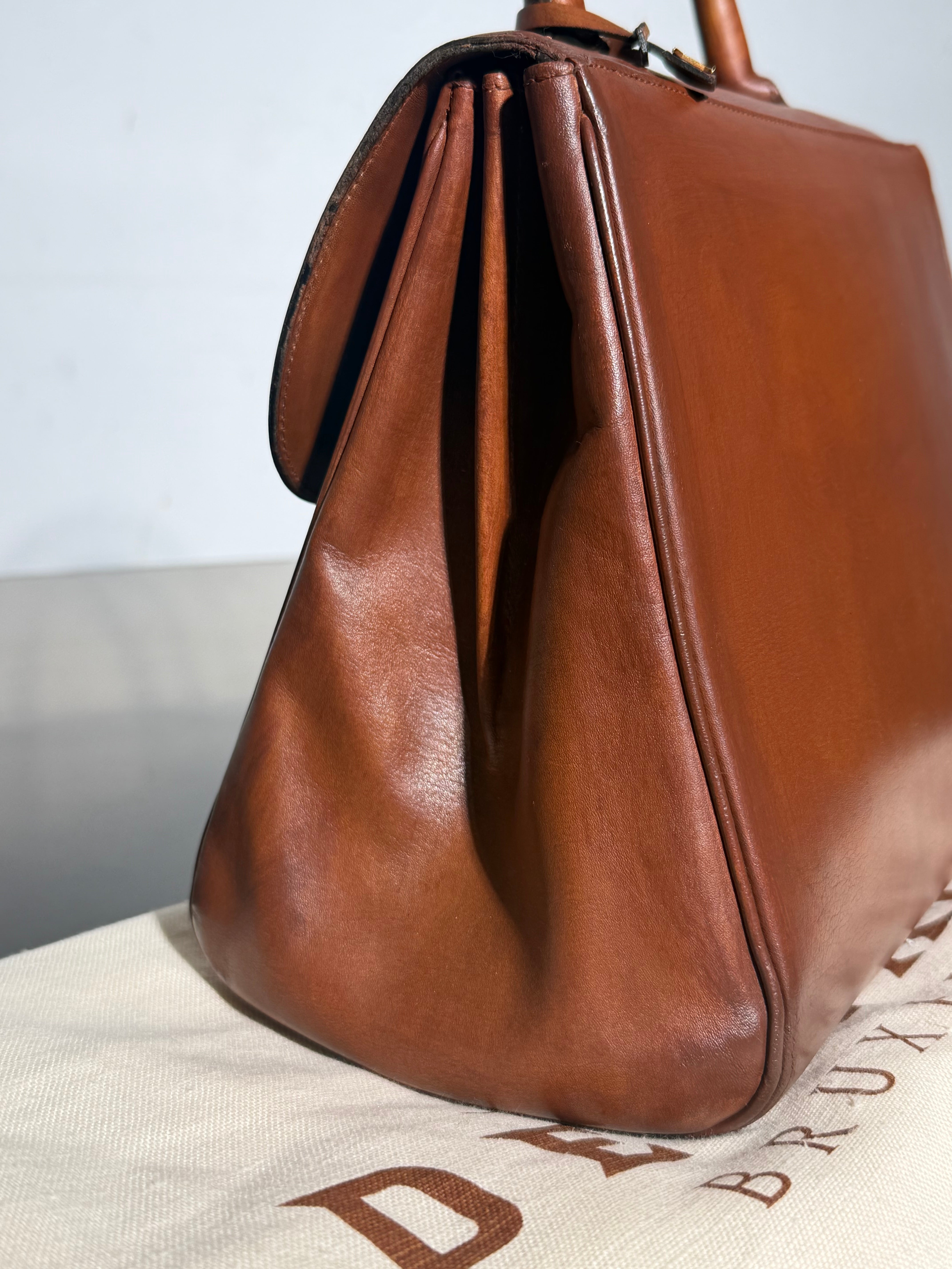 Delvaux Brillant MM Handbag Cognac Brown Leather With Mirror & Dustbag