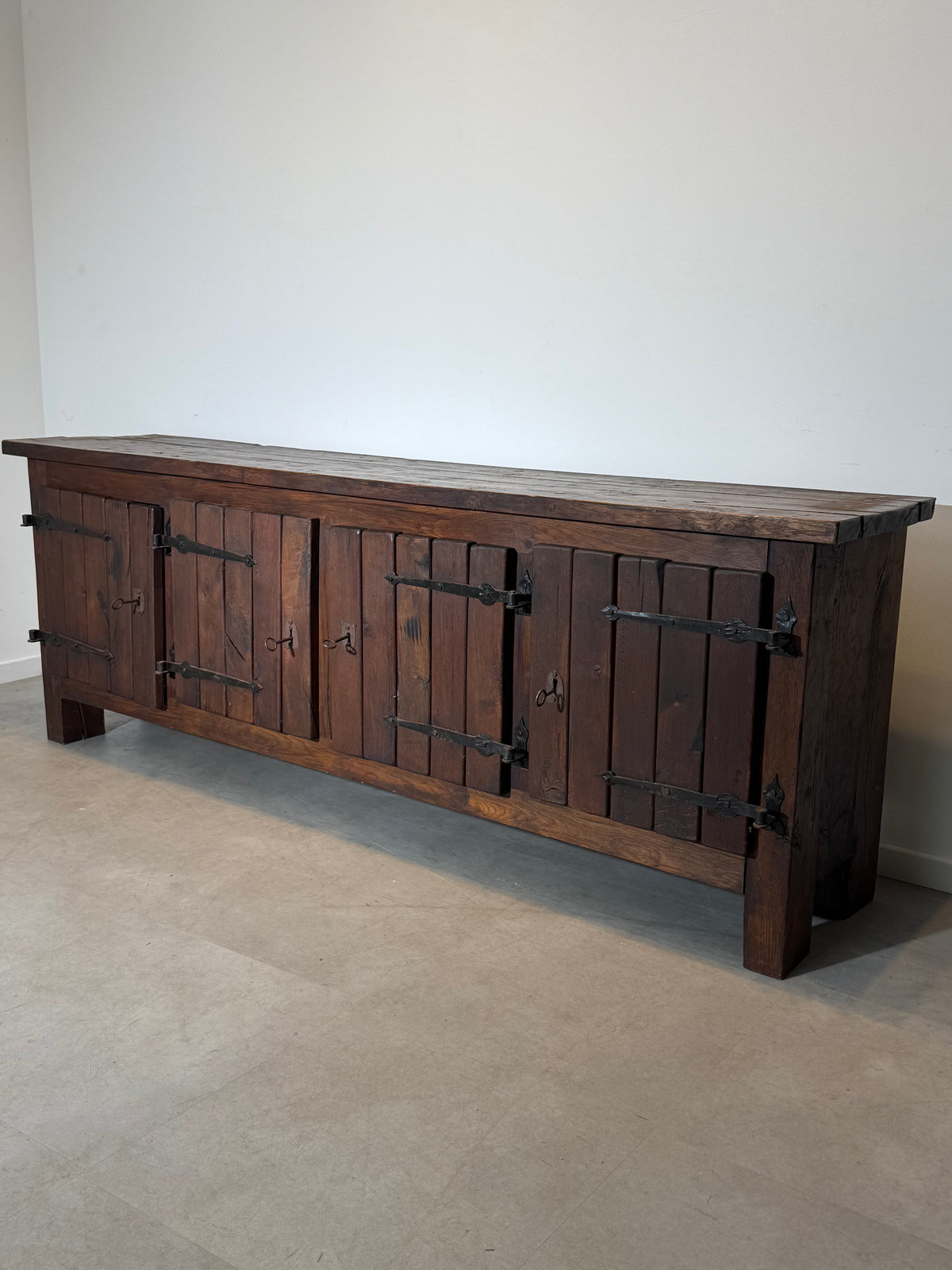Large Brutalist Solid Wood Sideboard with Hand-Forged Iron Hardware