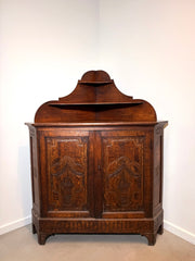 Antique Carved Oak Corner Cabinet with Shelved Top