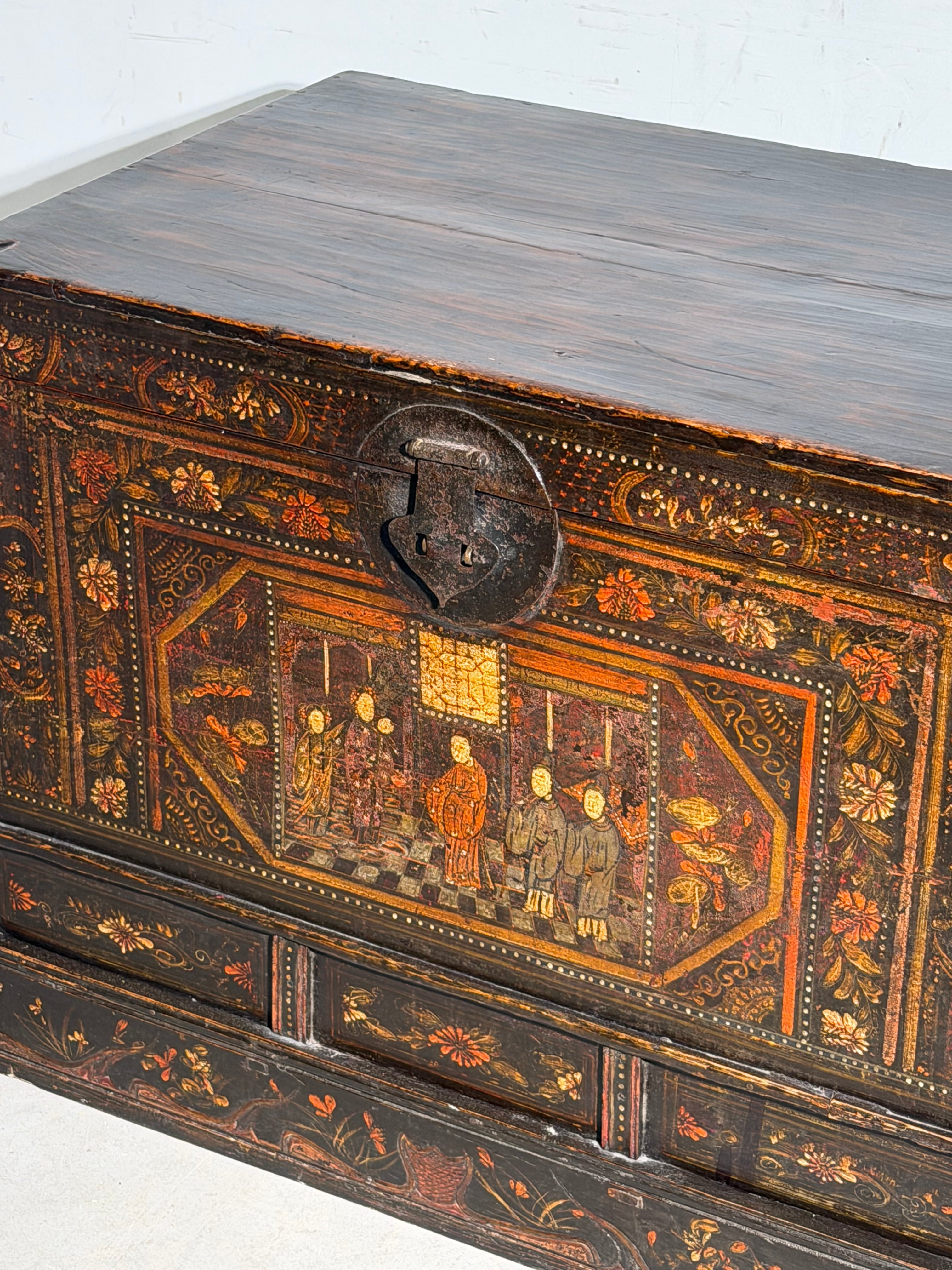 Antique Hand-Painted Wooden Chest – Oriental Scene – Storage Trunk