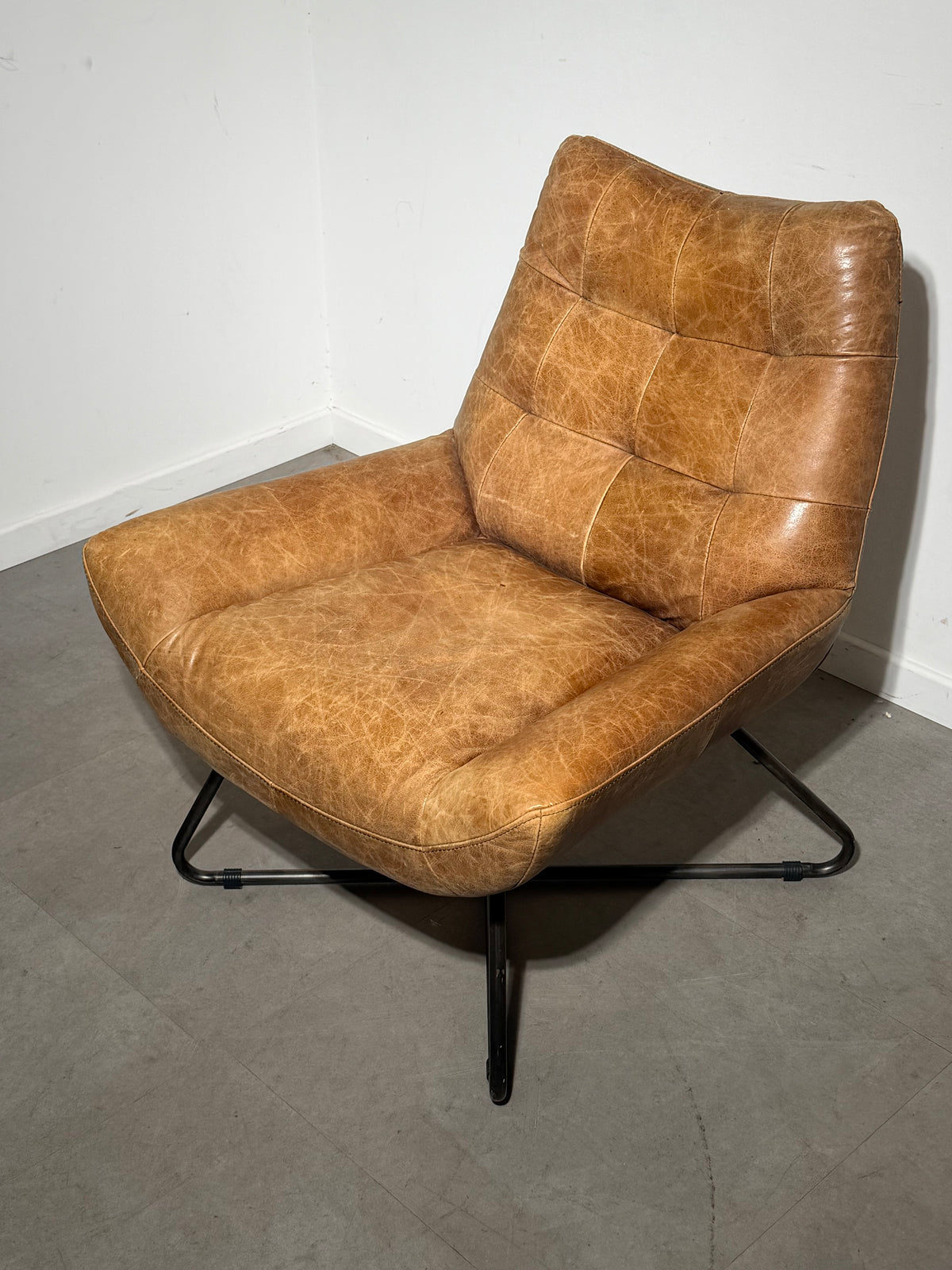 Cognac Leather Armchair with Industrial Metal Base