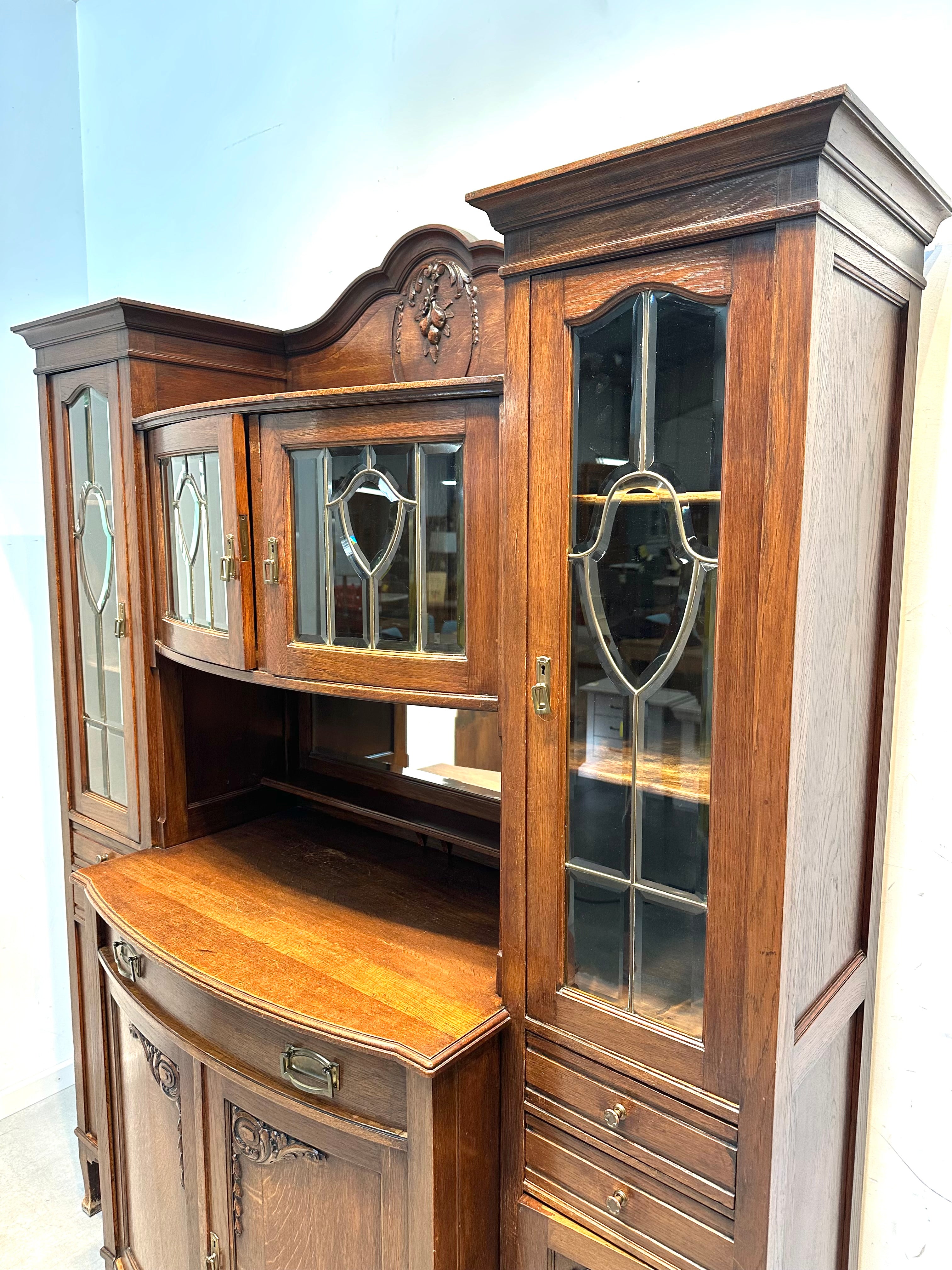 Art Nouveau Oak Buffet with Leaded Glass Doors