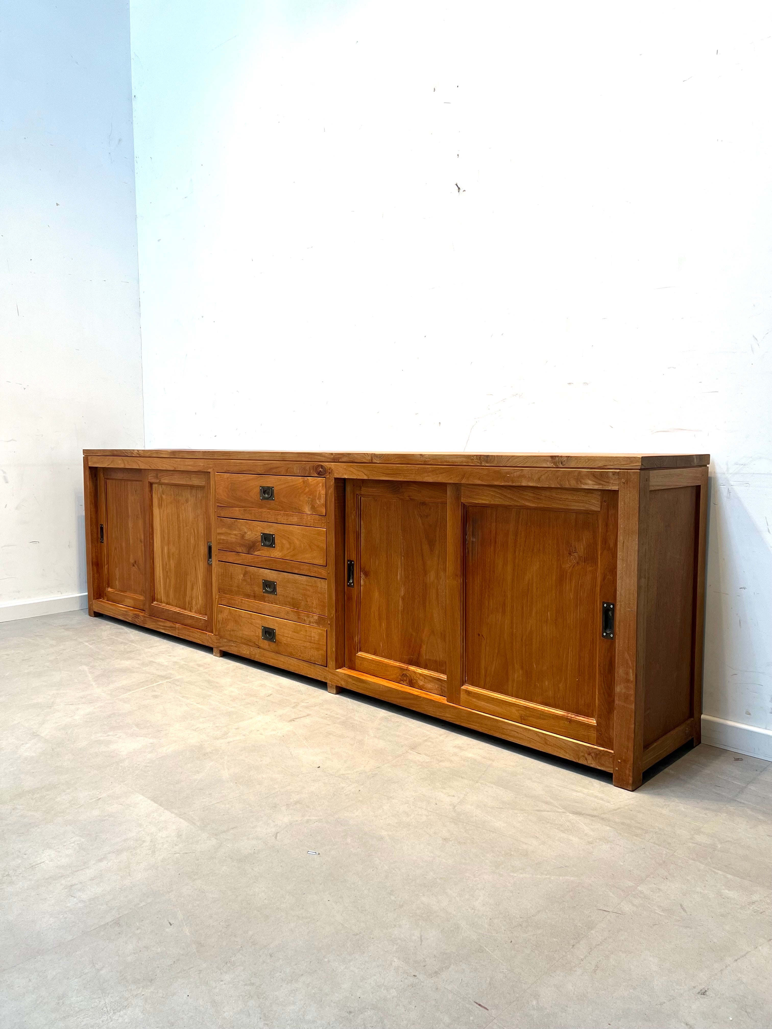 Large Solid Teak Sideboard with Sliding Doors and Drawers