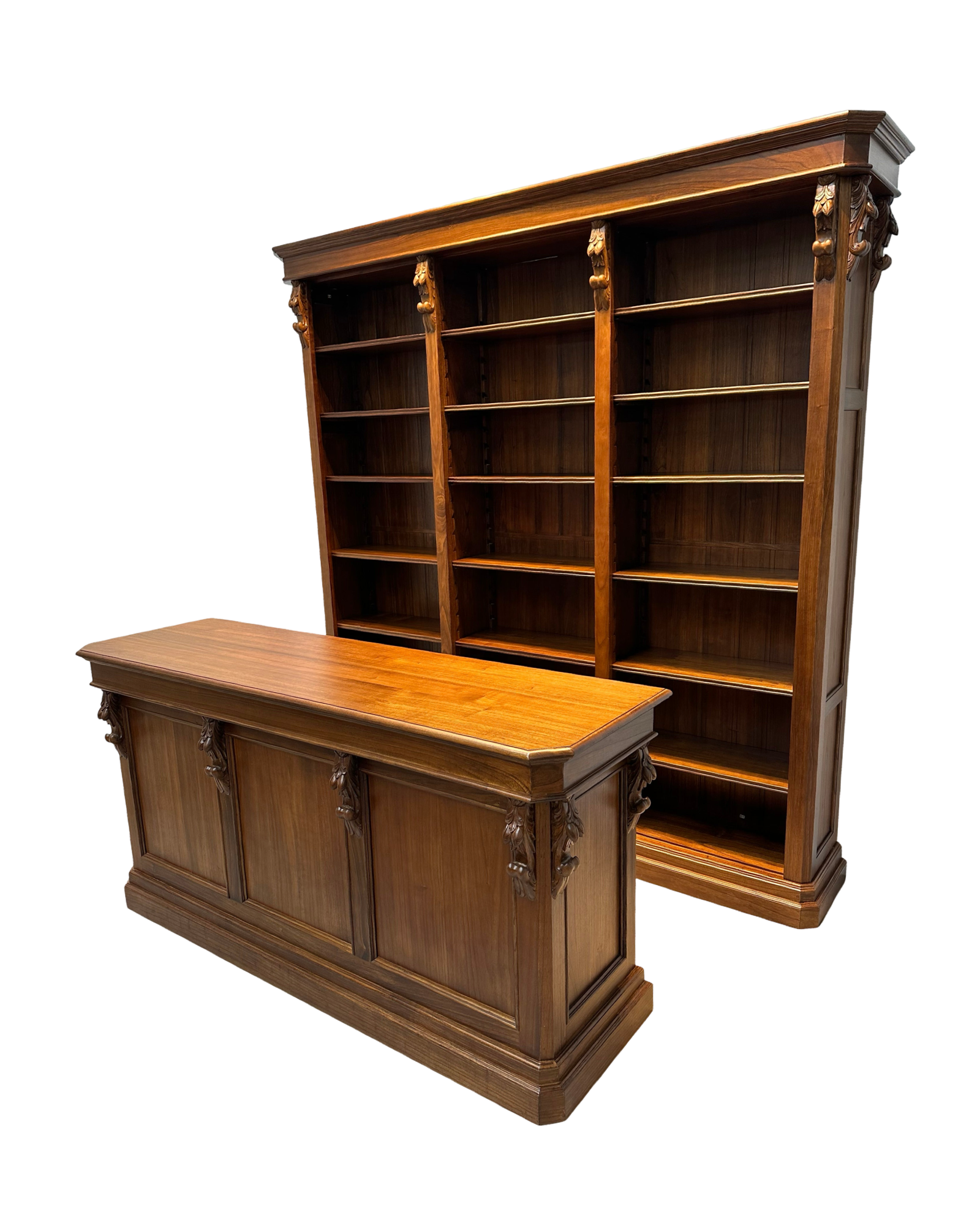 Antique handcarved counter with bookcase