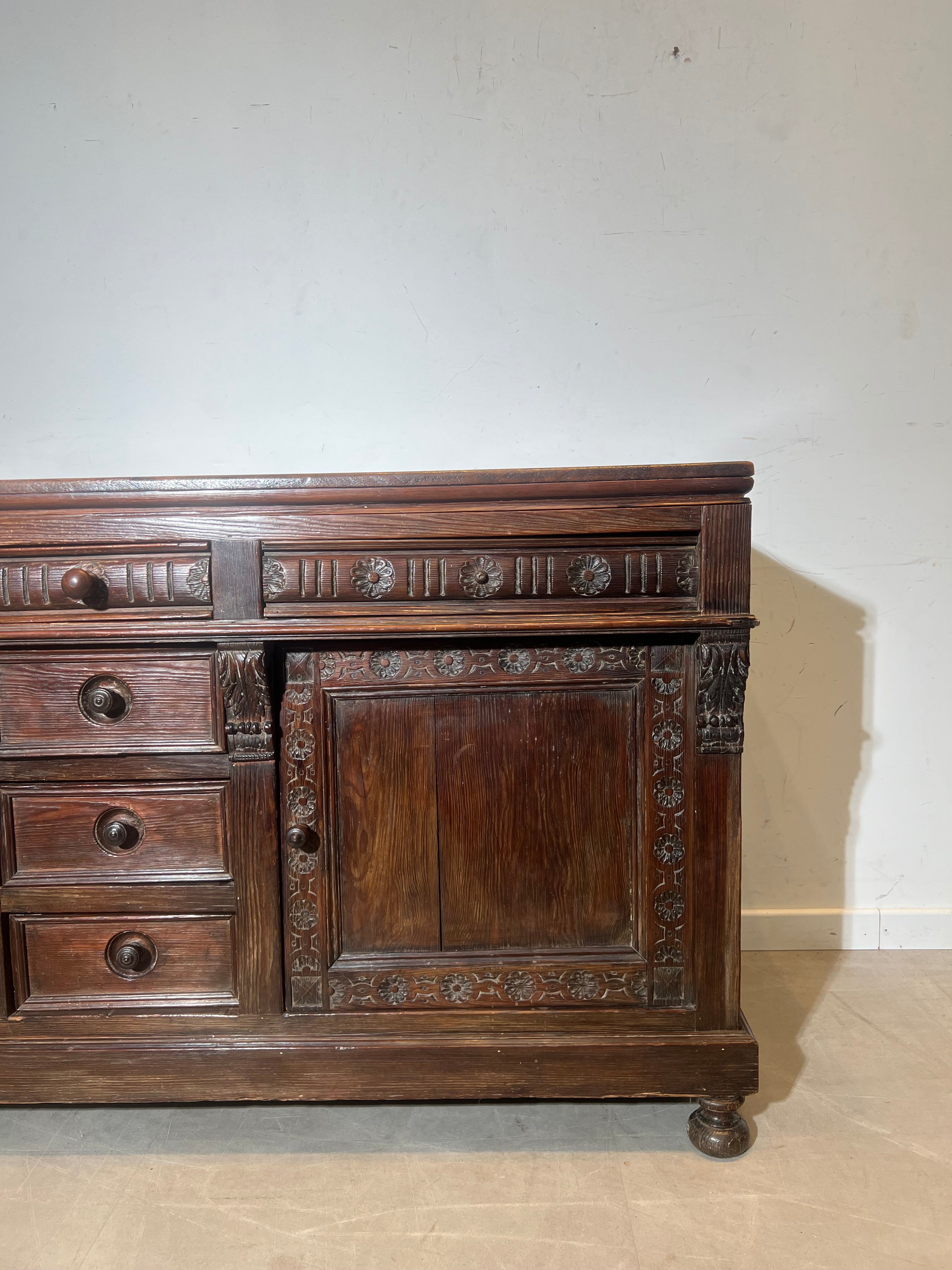 Antique Solid Oak Dressoir– Hand-Carved Details