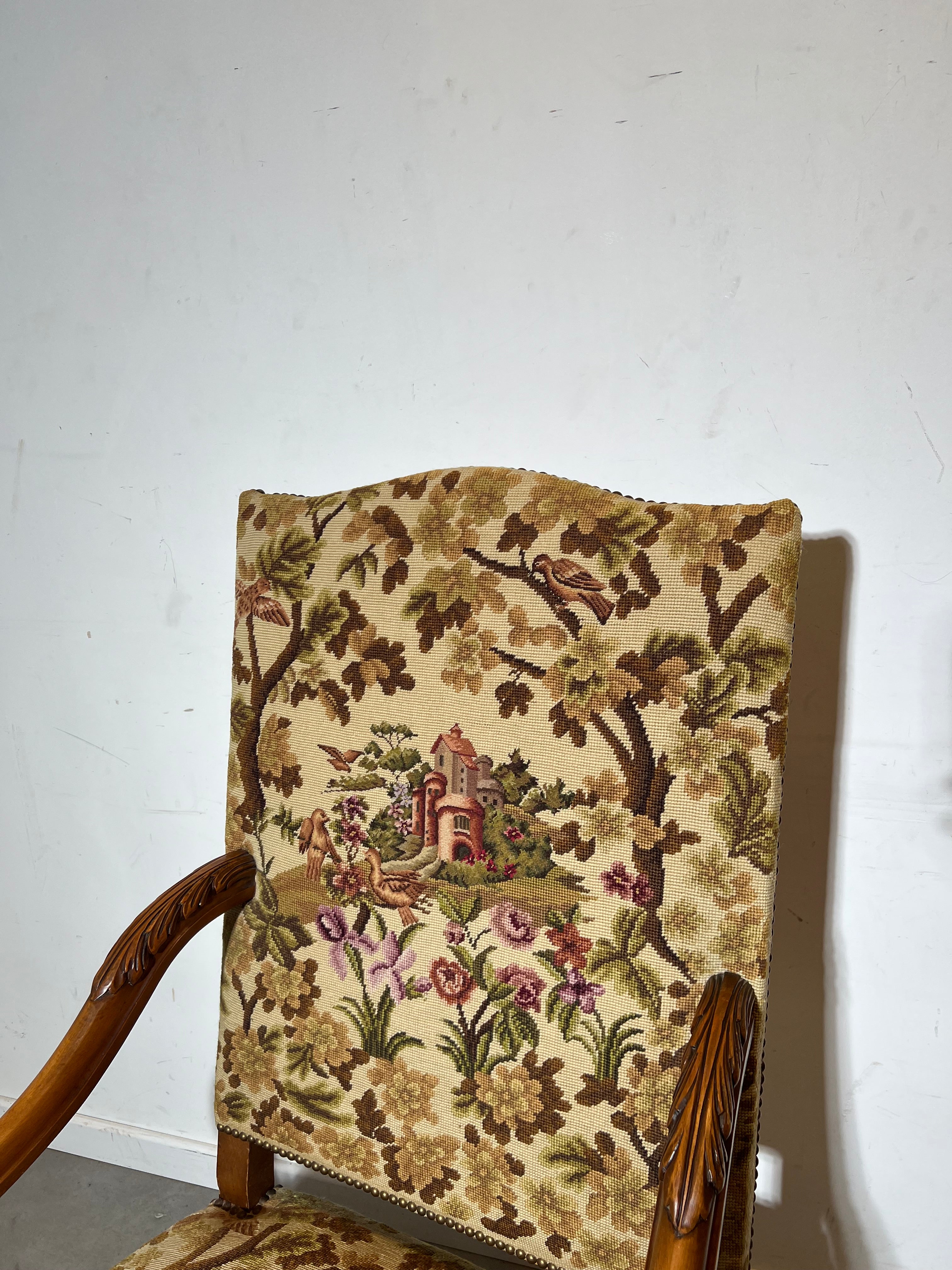 ge Carved Wooden Armchair with Tapestry Upholstery