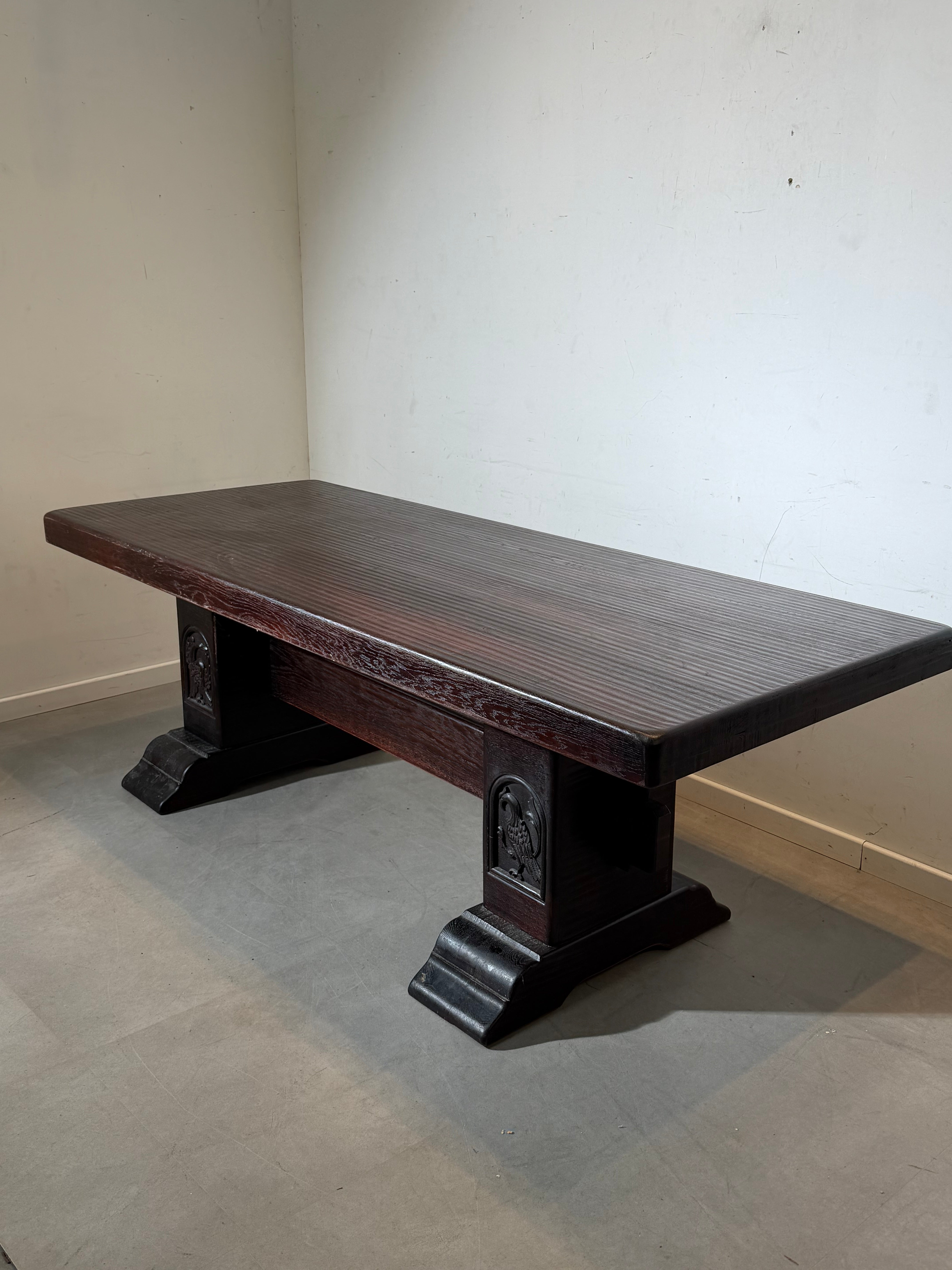Antique Solid Oak Dining Table with Carved Pedestal Base – 220 x 90 cm