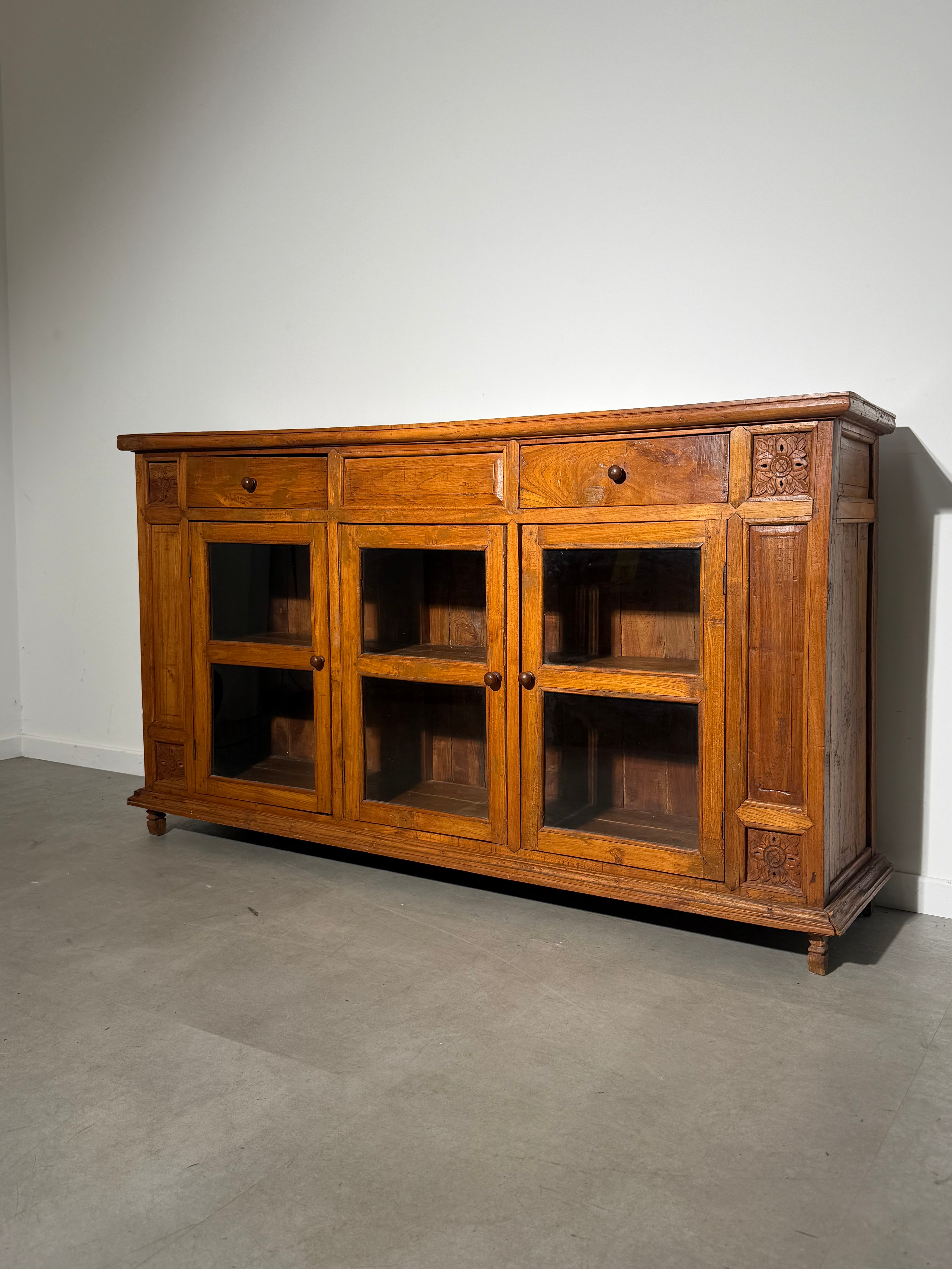 Antique Rustic Teak Display Cabinet / Sideboard with Glass Doors