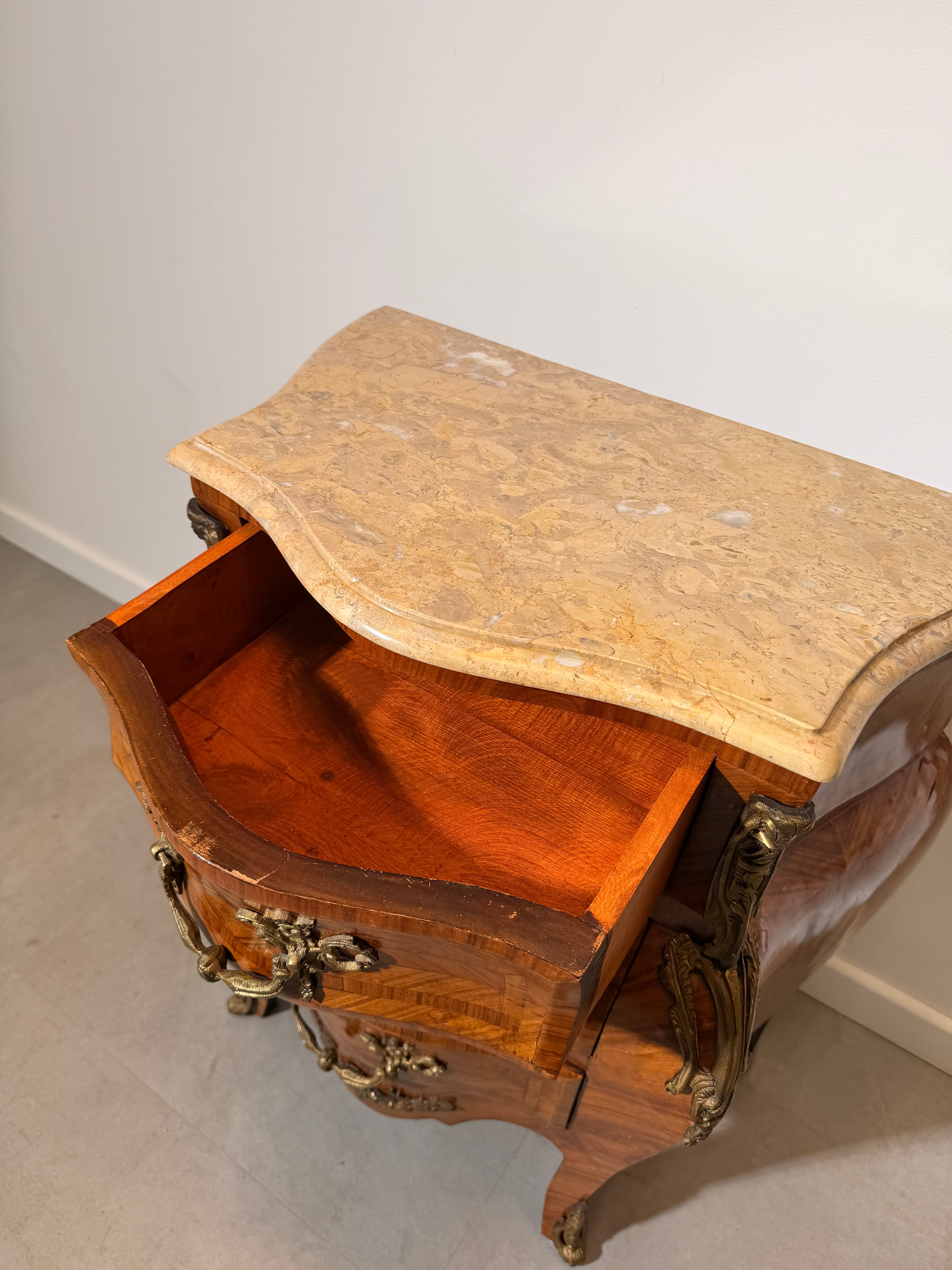 Antique French Marquetry Bombe Commode with Marble Top