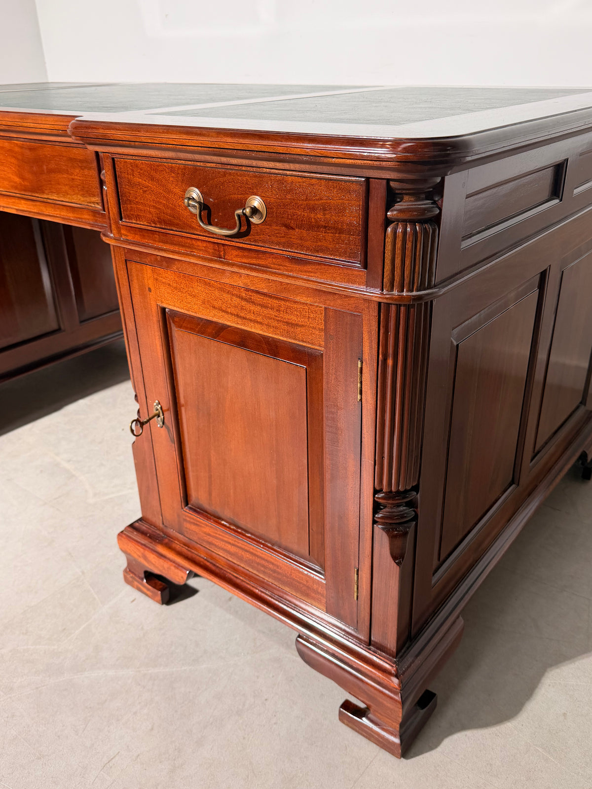 Large Executive Partner Desk in Mahogany with Green Leather Inlay