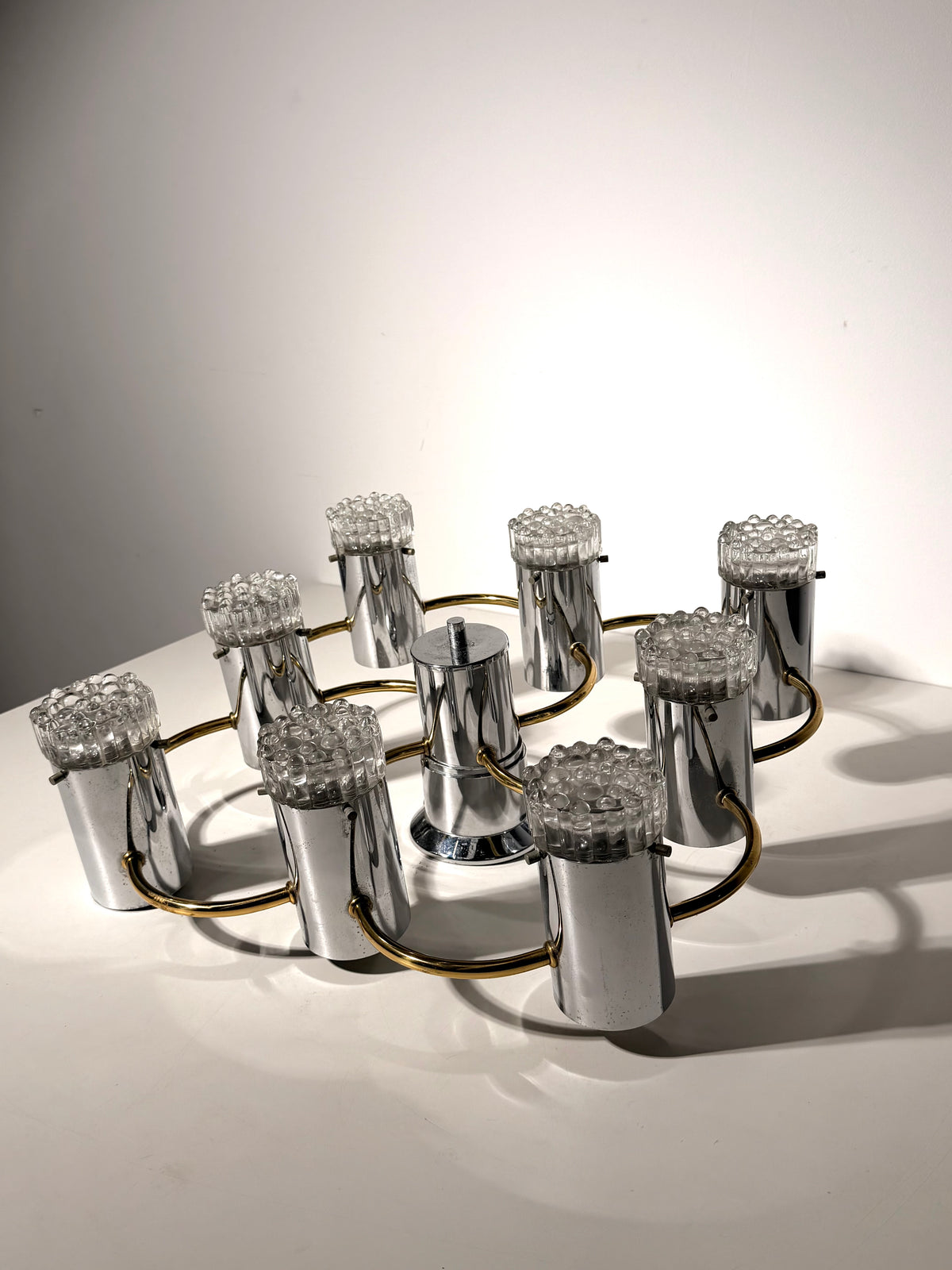 Vintage German Space Age 8-Light Chrome & Brass Chandelier – 1970s