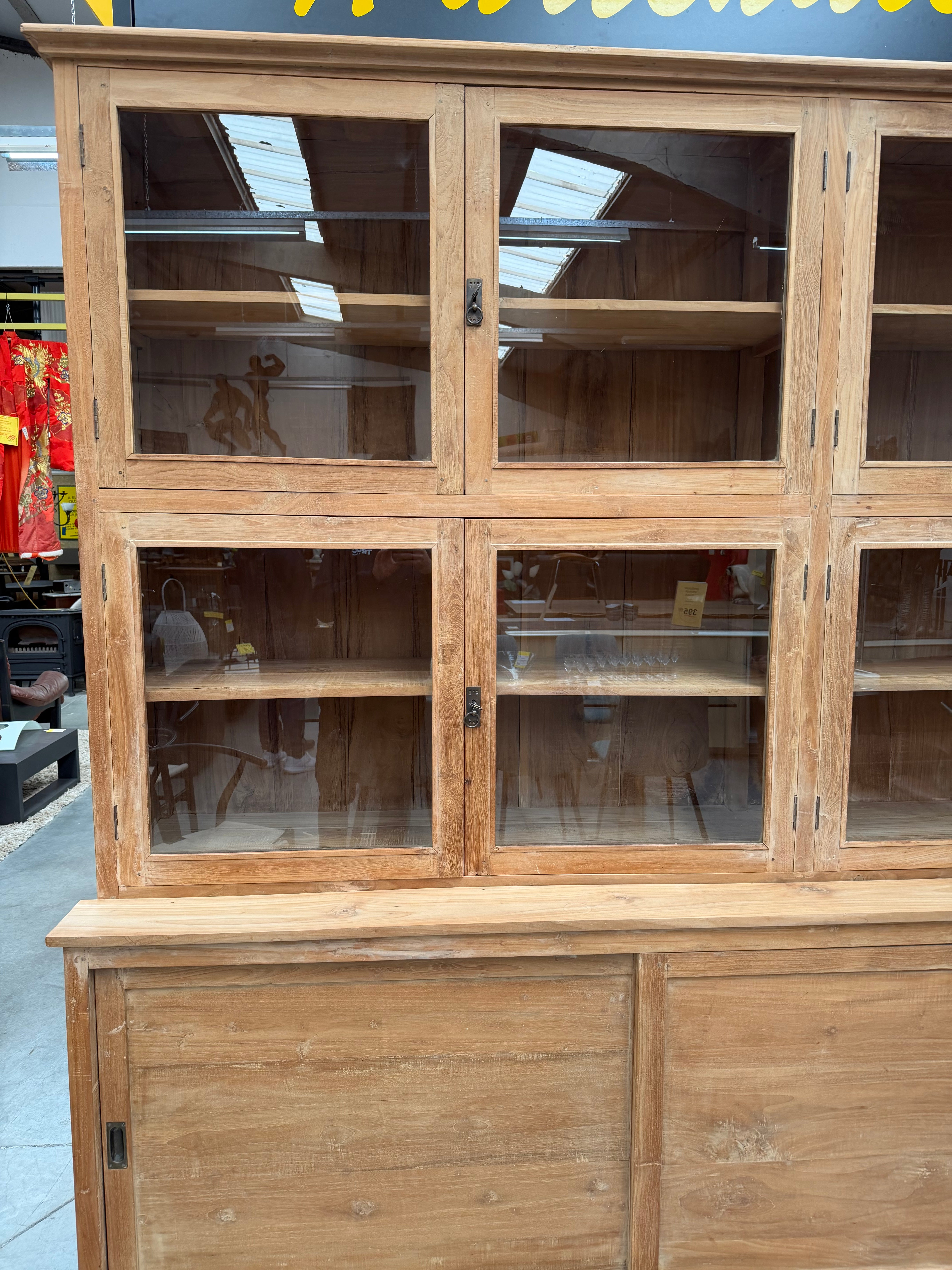 XL Massive Teakwood Display Cabinet – 405 cm – Two-Piece Library Cabinet – Glass Doors