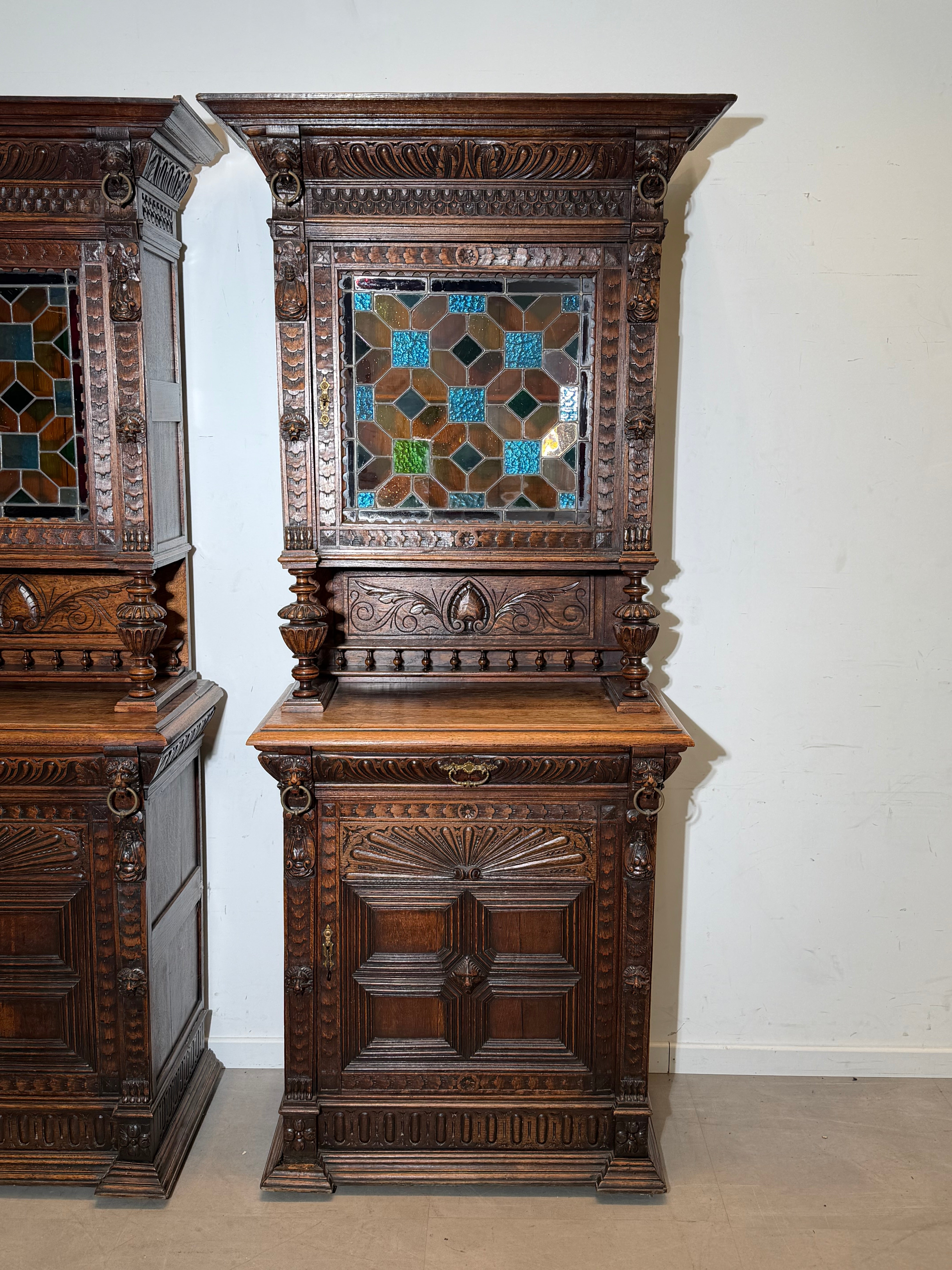 Pair Of Antique Neo-Renaissance Oak Display Cabinets with Stained Glass