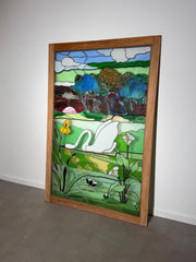 Large Stained Glass Panel with Swan Landscape