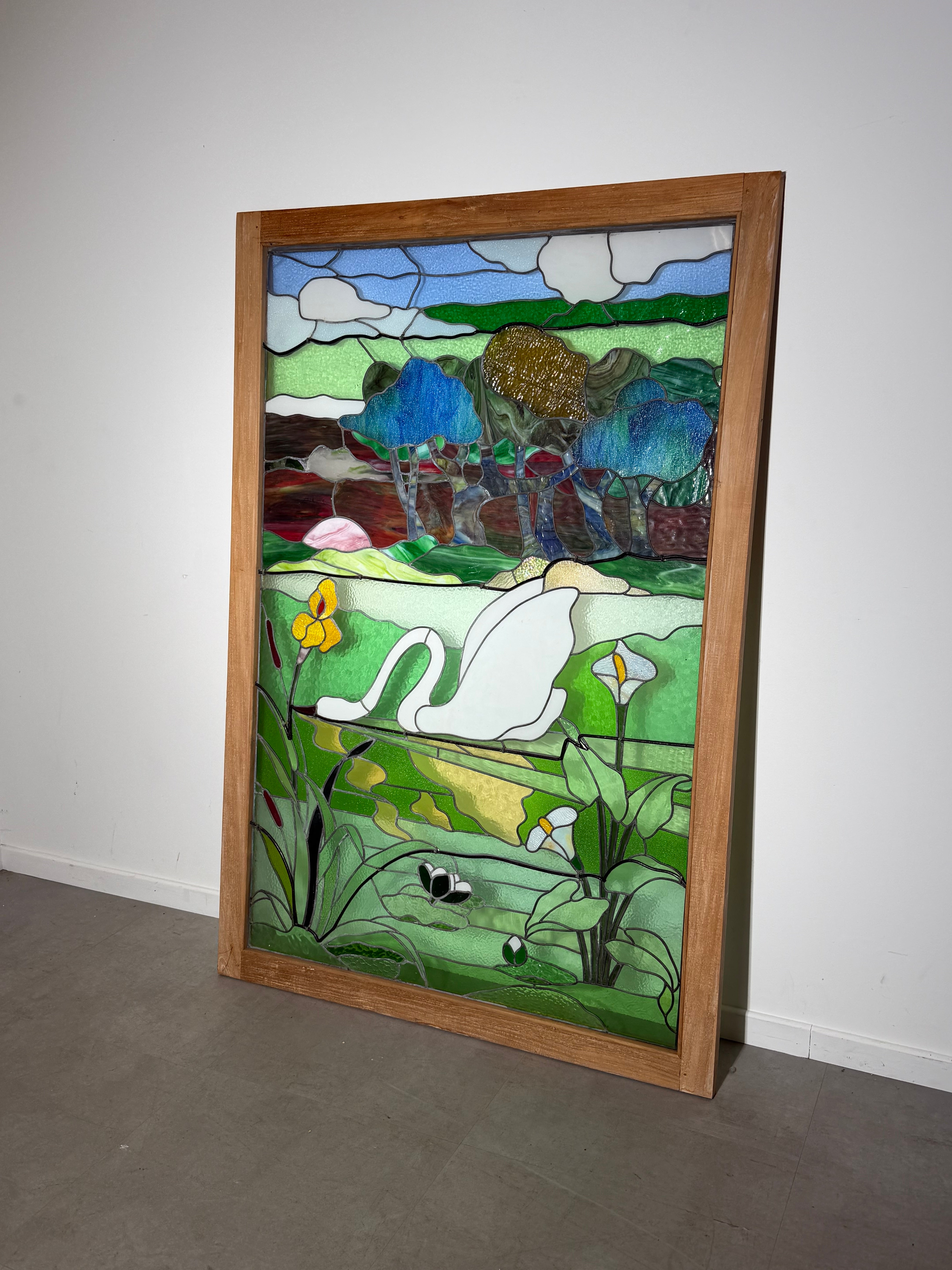 Large Stained Glass Panel with Swan Landscape