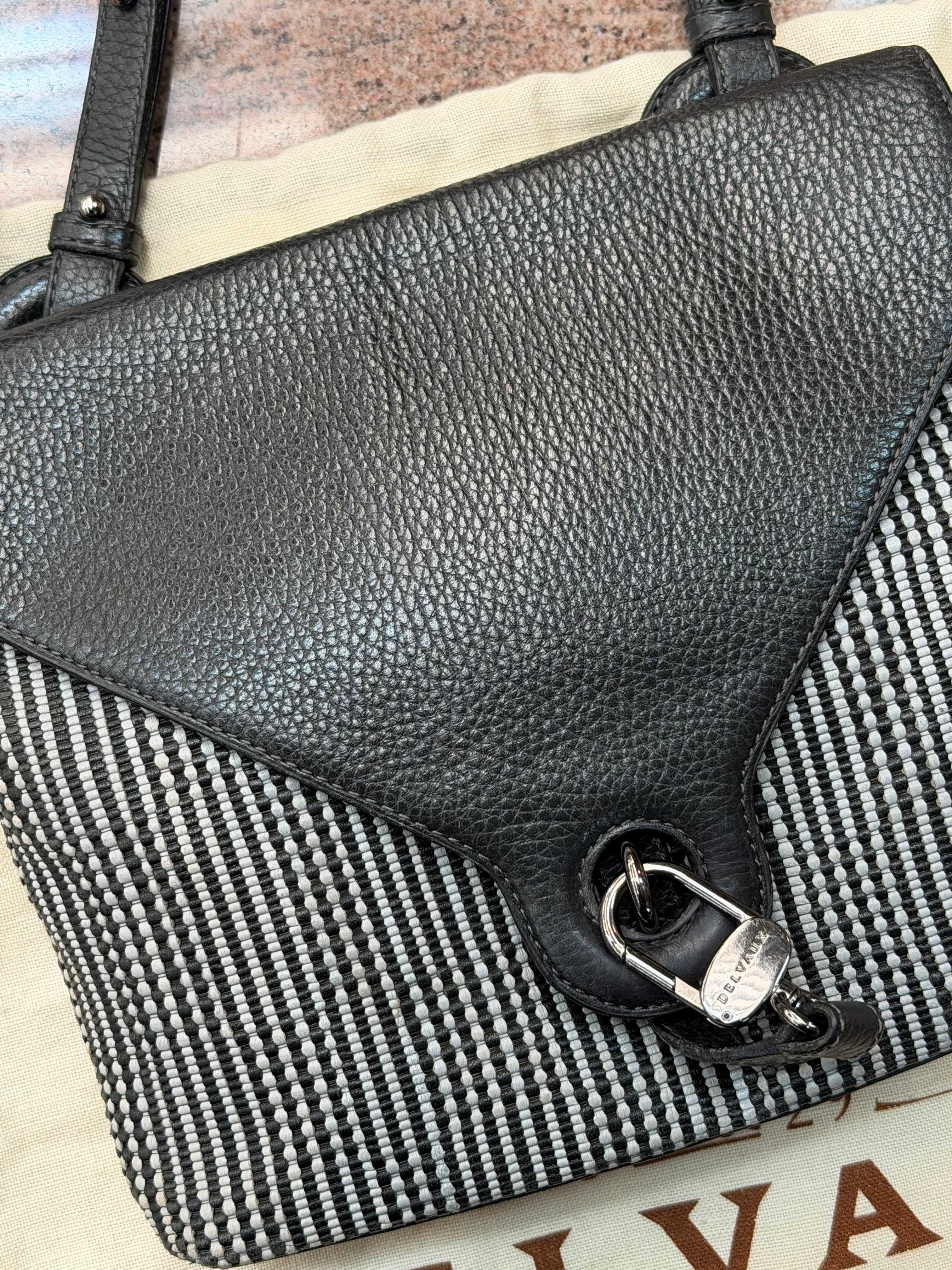 Vintage Delvaux Grillon Crossbody Bag – Toile de Cuir & Black Leather – 24 × 20 cm – With Dustbag