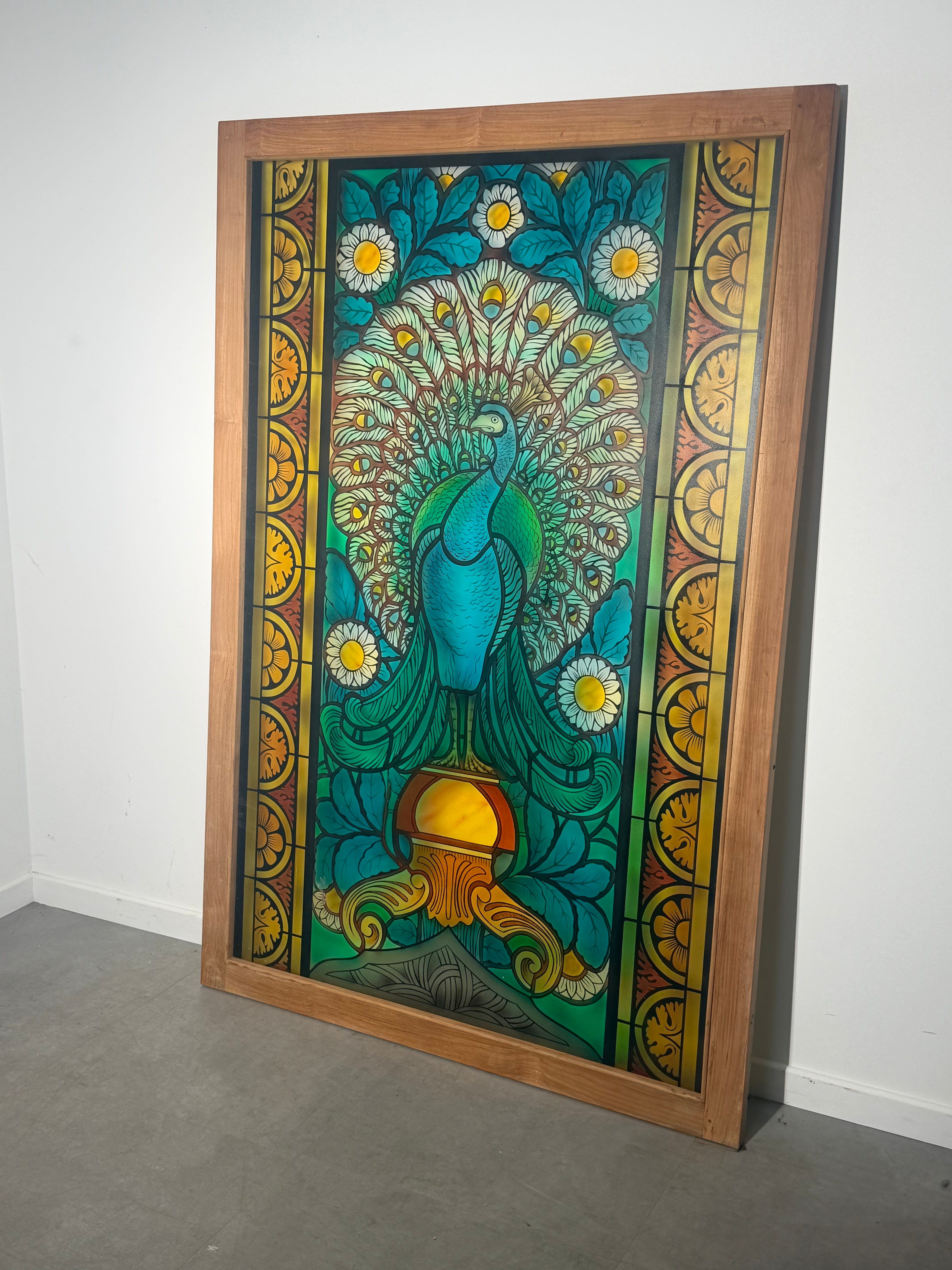 Large Decorative Stained Glass Peacock Panel