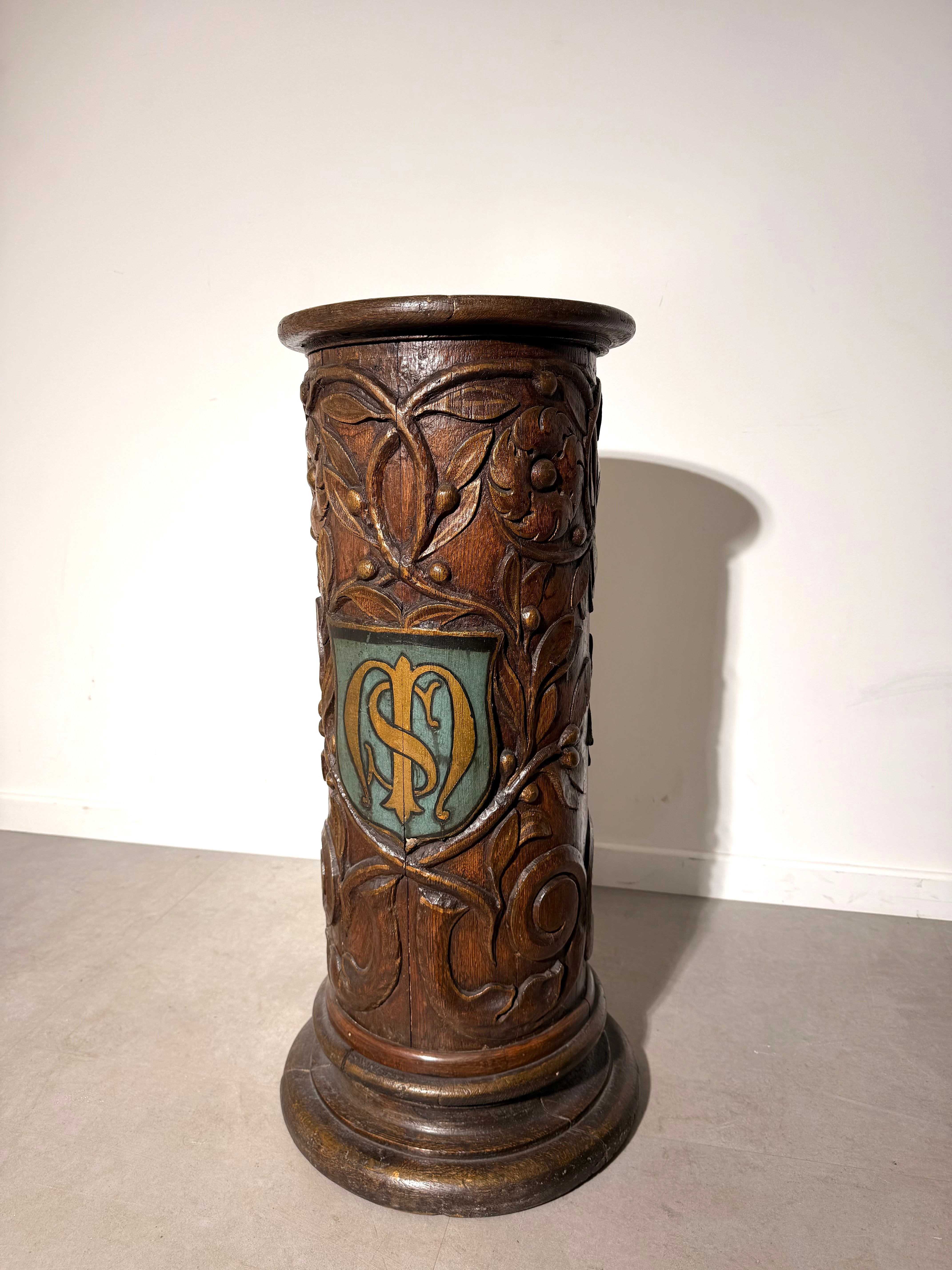 18th Century Carved Oak Heraldic Pedestal