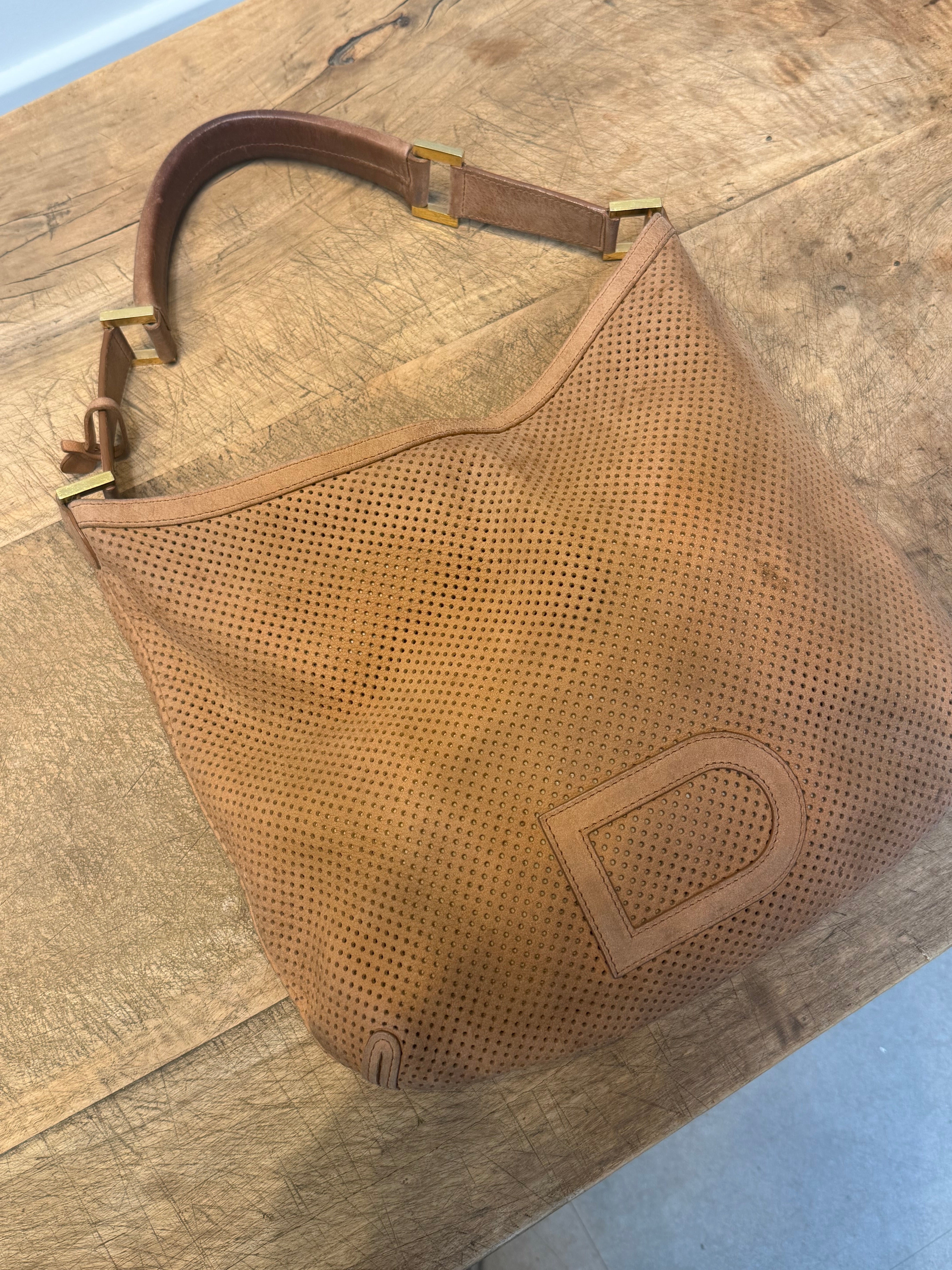 Vintage Delvaux “Louise” Perforated Leather Handbag – Cognac Brown – 30 x 30 cm