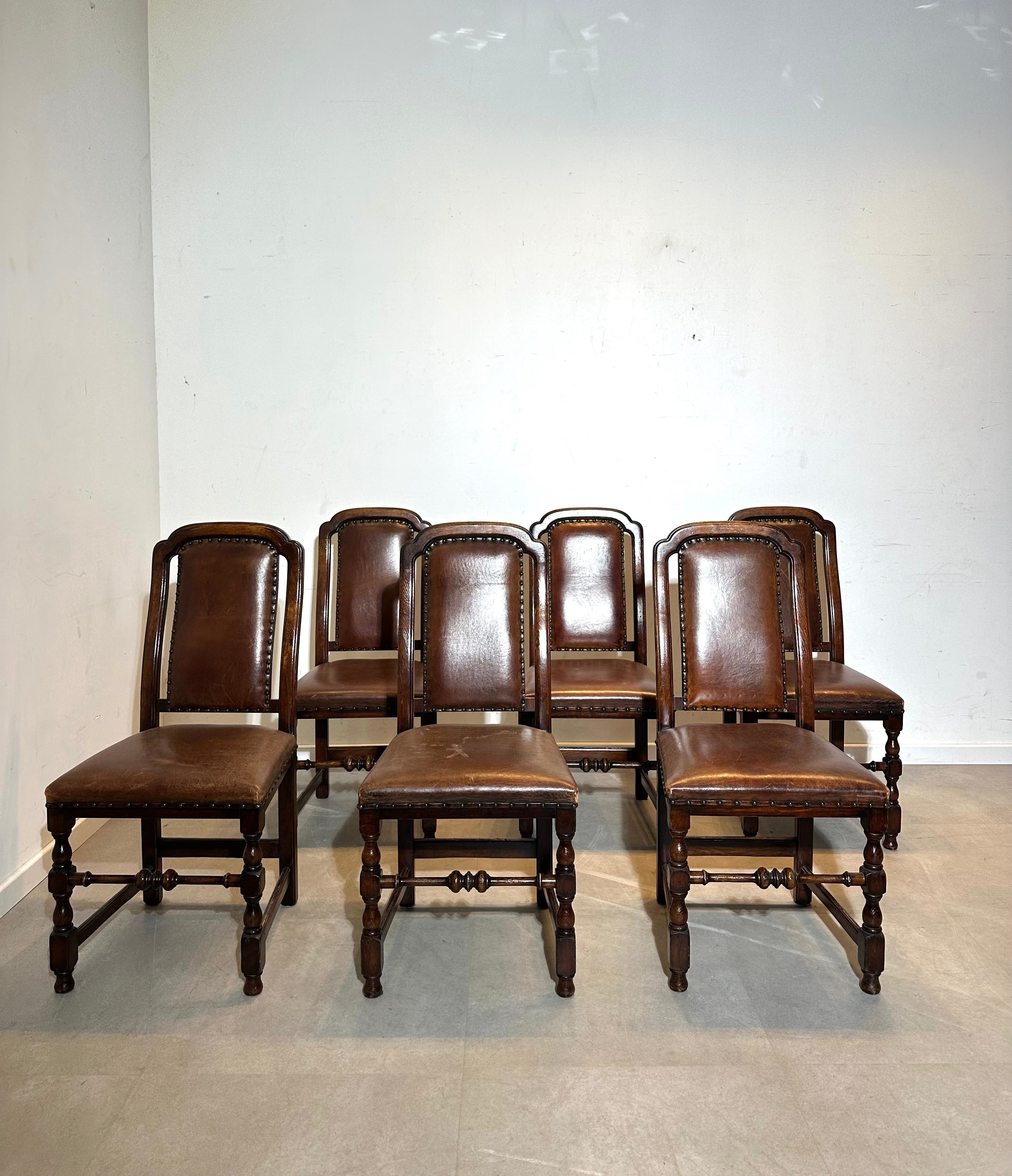 Set of 6 Antique Dining Chairs in Brown Leather