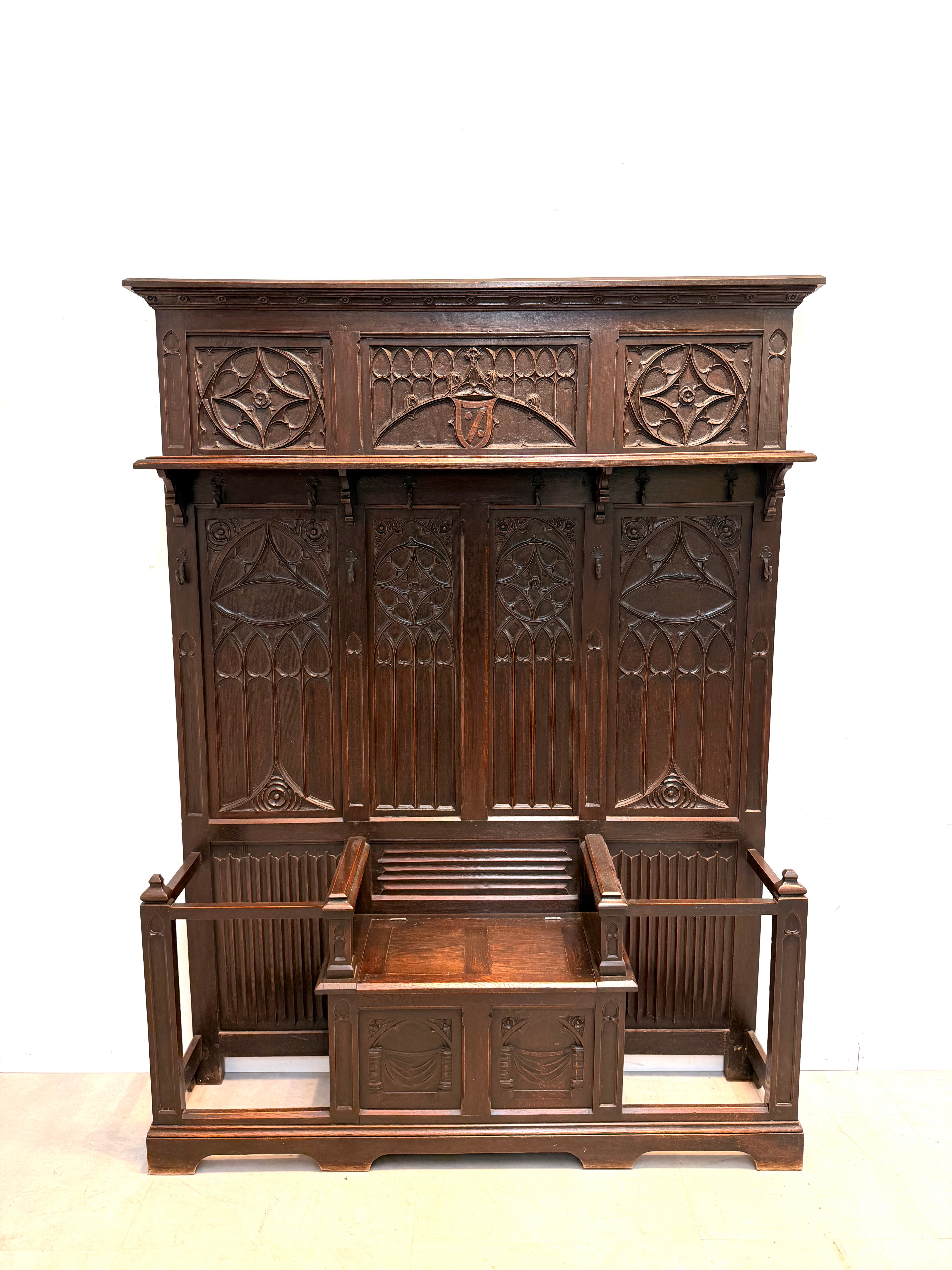Large Antique Gothic Revival Hall Bench with Coat Rack