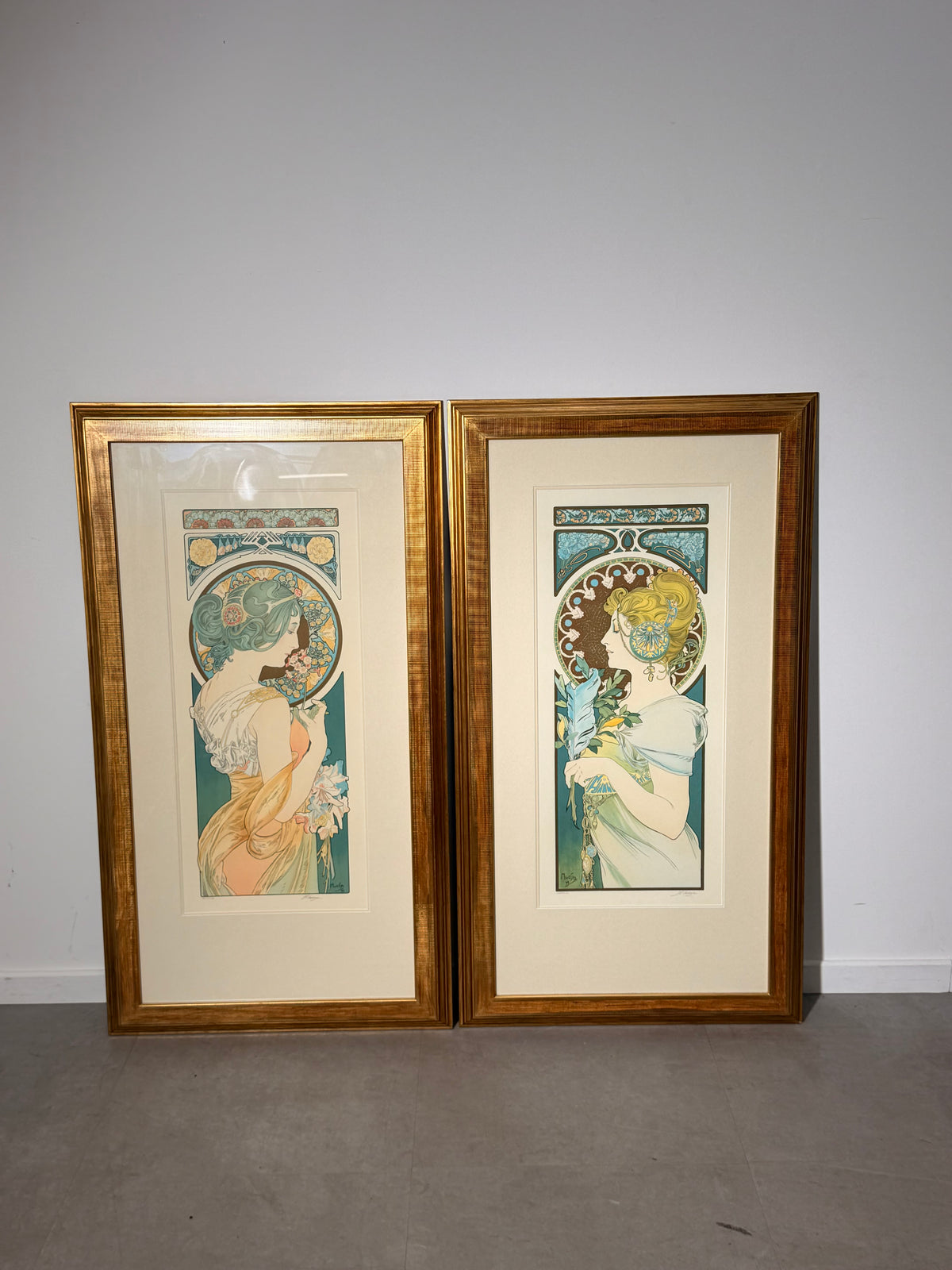 After Alphonse Mucha – Primrose & Feather – Set of Two Framed Colour Lithographs
